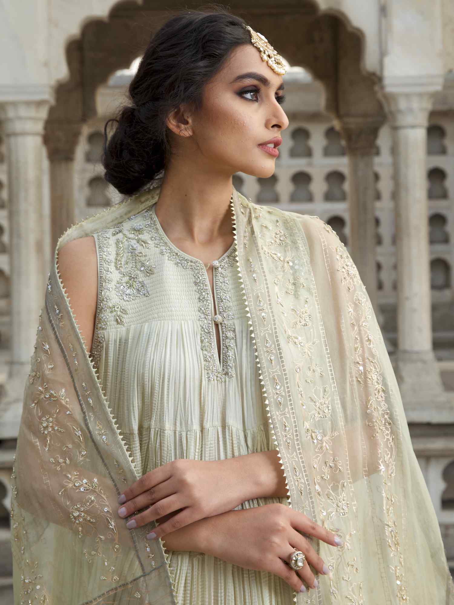 Pakistani Sage Zardozi Crushed Silk Anarkali (2-Piece) - Image 4