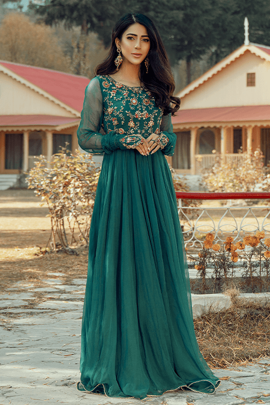 Bottle Green Aari & Mirror Work Chiffon Anarkali (2-Piece) - Image 2