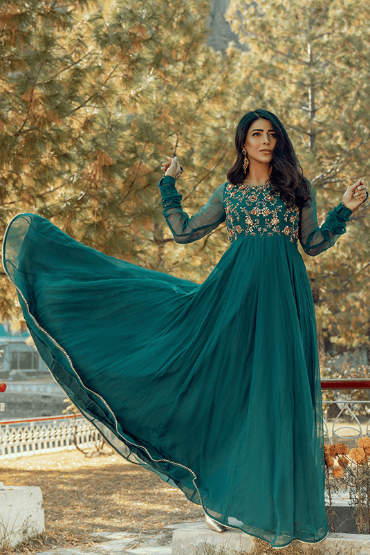 Bottle Green Aari & Mirror Work Chiffon Anarkali (2-Piece) - Image 3