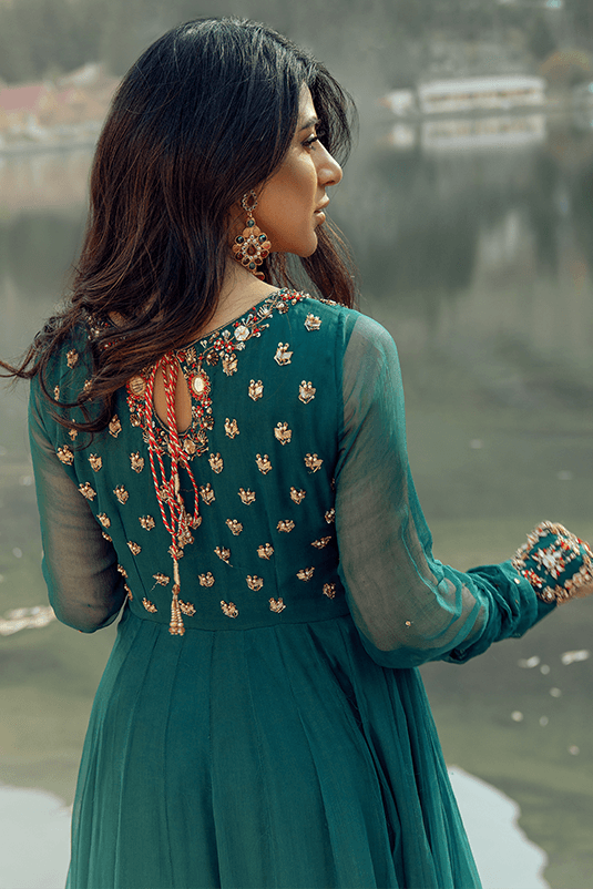 Bottle Green Aari & Mirror Work Chiffon Anarkali (2-Piece) - Image 4