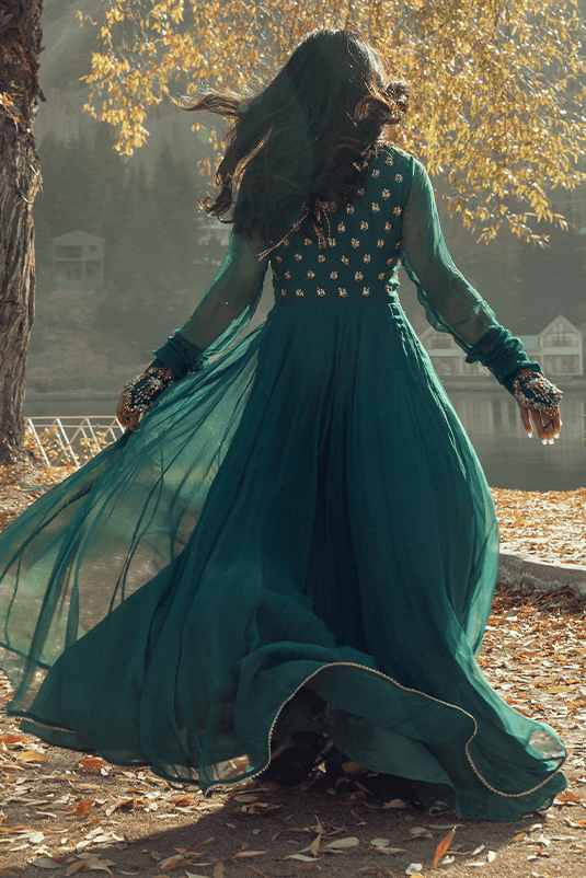 Bottle Green Aari & Mirror Work Chiffon Anarkali (2-Piece) - Image 5