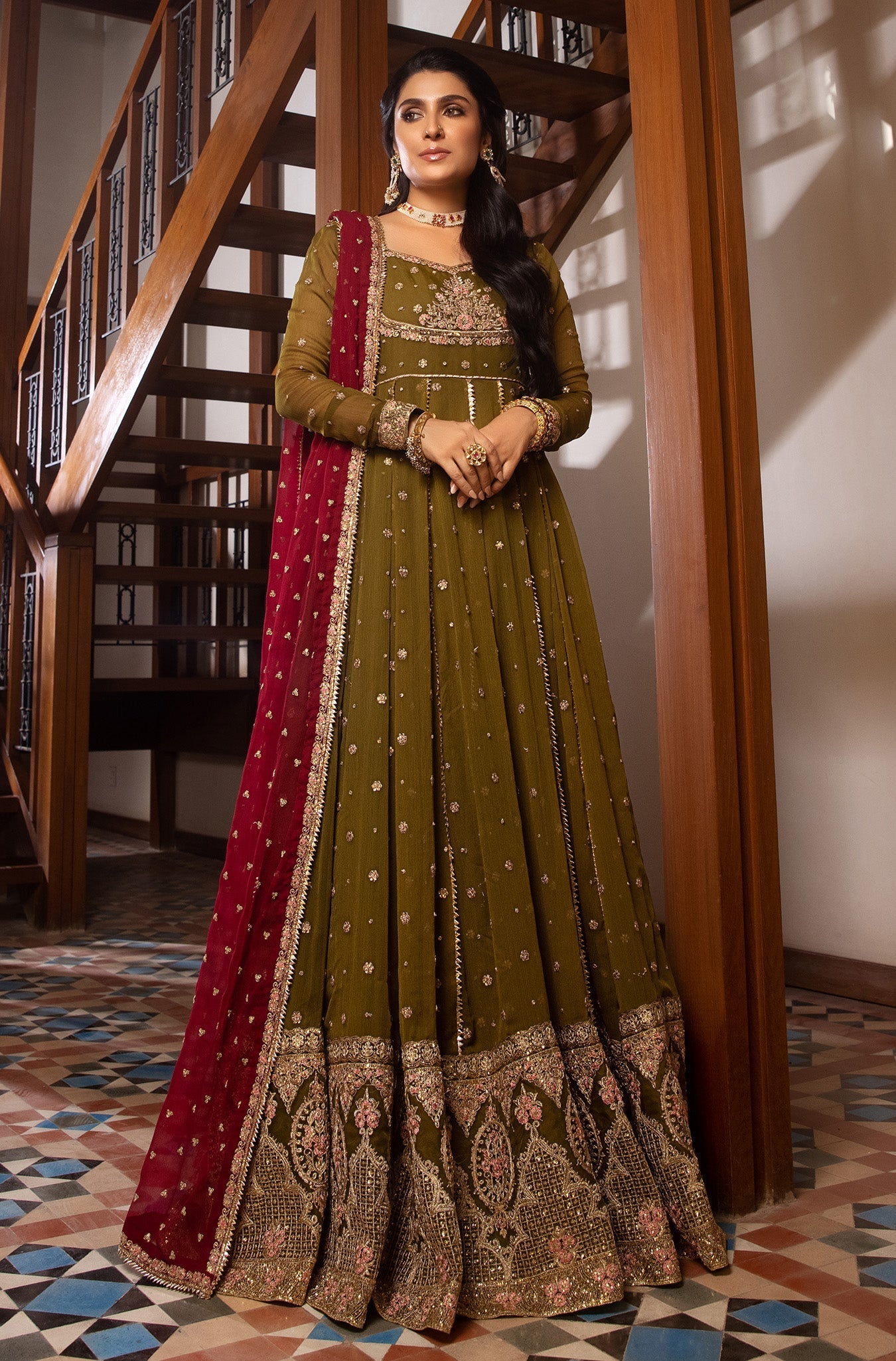 Pakistani Olive Green Embroidered Chiffon Anarkali Dress (2-Piece) - Image 1