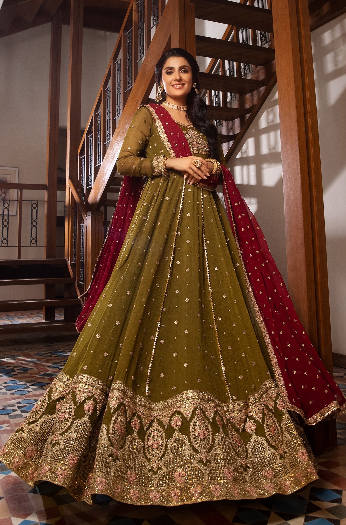 Pakistani Olive Green Embroidered Chiffon Anarkali Dress (2-Piece) - Image 4
