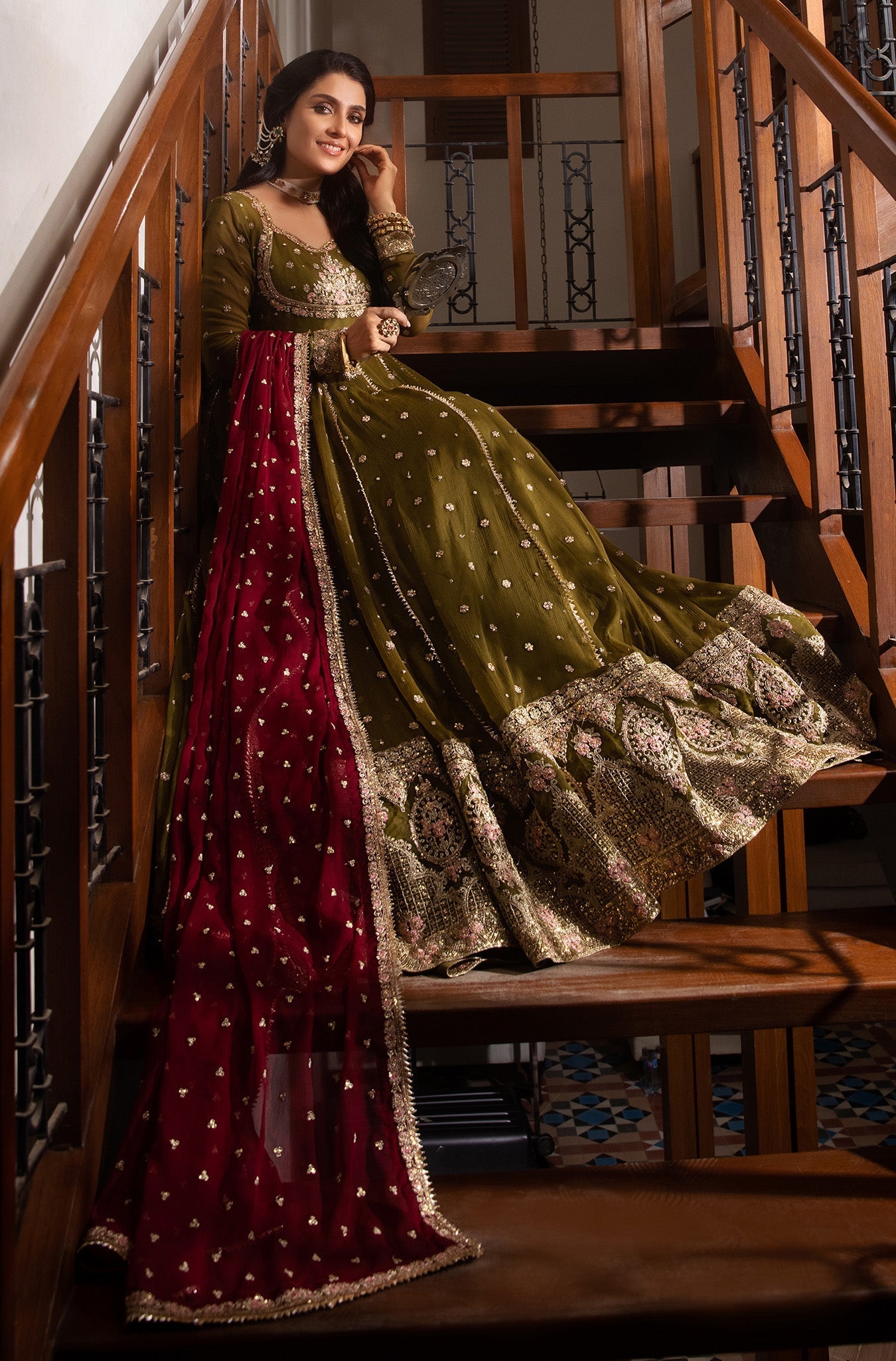 Pakistani Olive Green Embroidered Chiffon Anarkali Dress (2-Piece) - Image 6