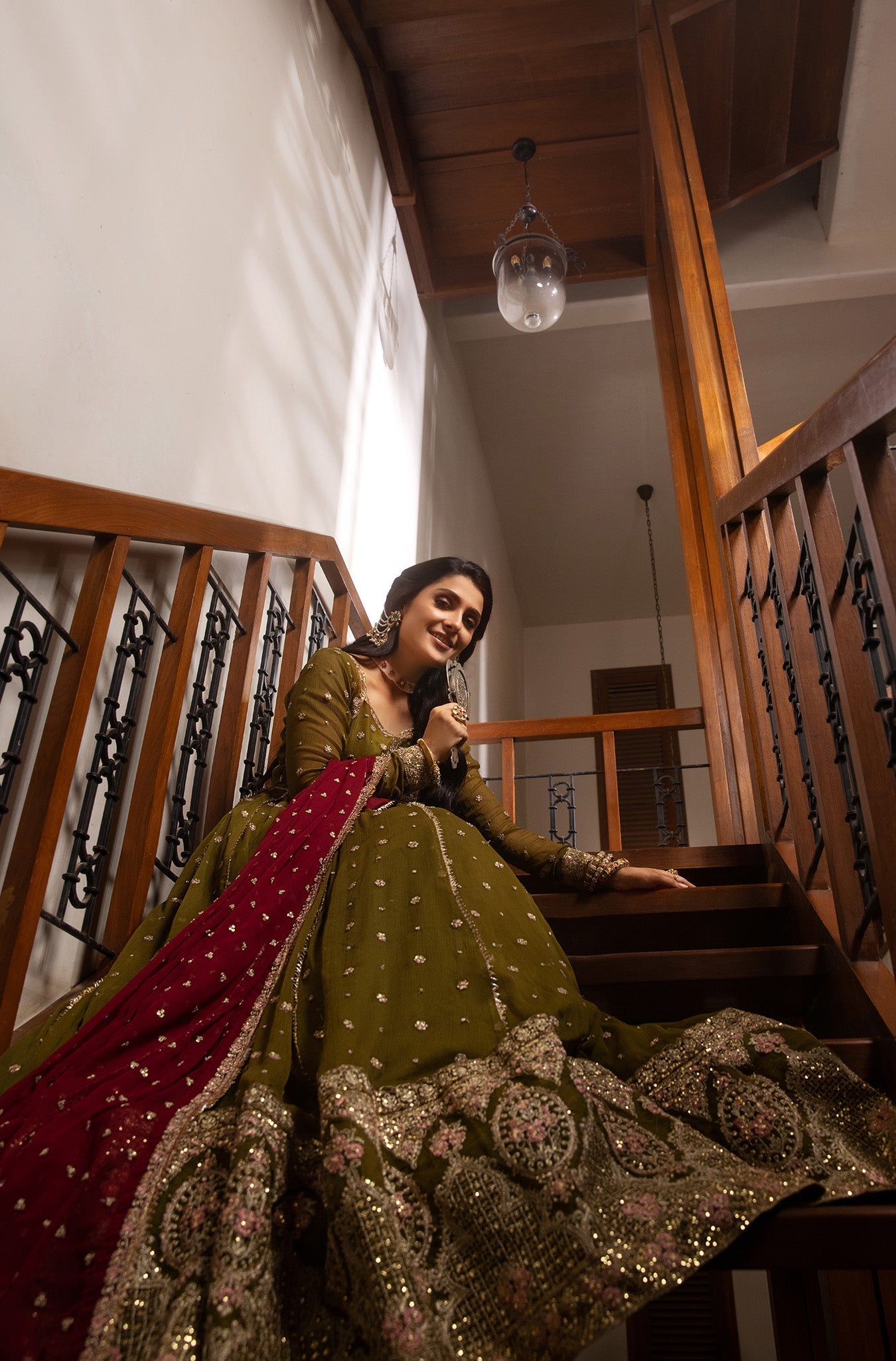 Pakistani Olive Green Embroidered Chiffon Anarkali Dress (2-Piece) - Image 8