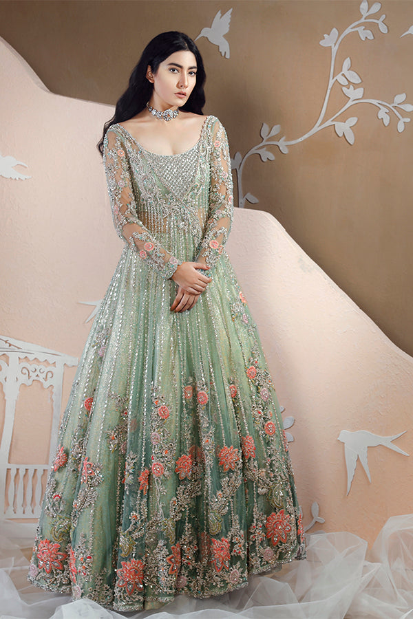 Mint Green Embroidered Net Anarkali Gown (2-Piece) - Image 1