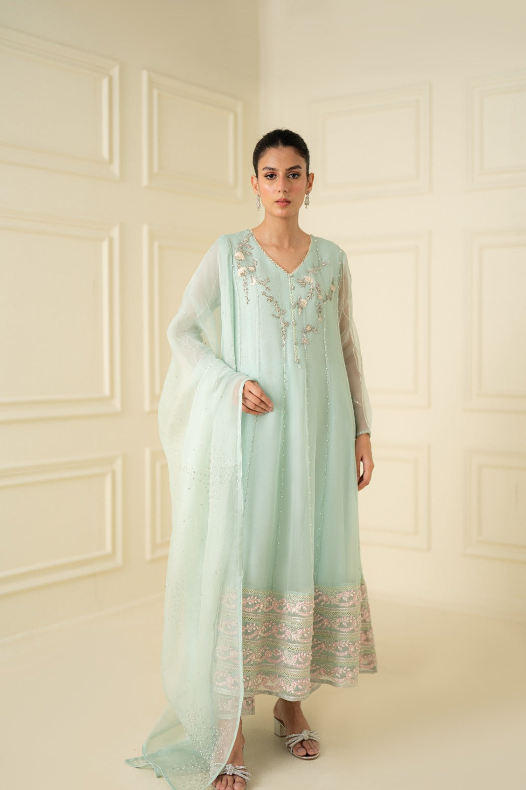 Pakistani Mint Green Embroidered Net Anarkali Dress (2-Piece) - Image 1