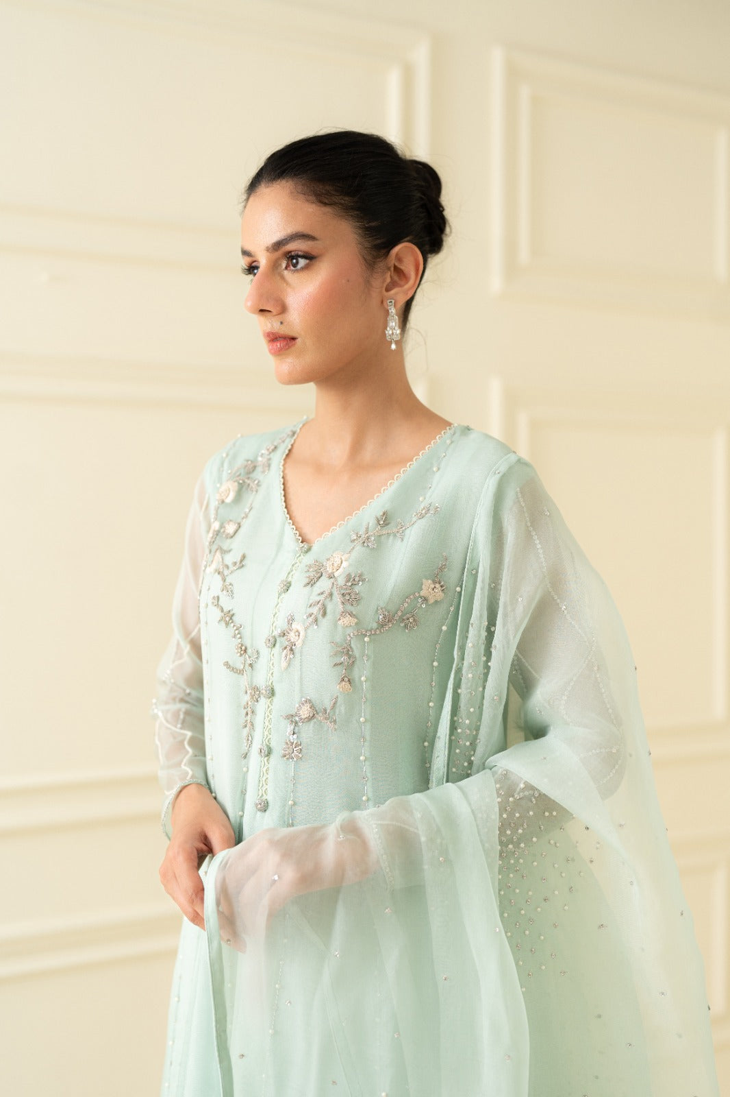 Pakistani Mint Green Embroidered Net Anarkali Dress (2-Piece) - Image 2