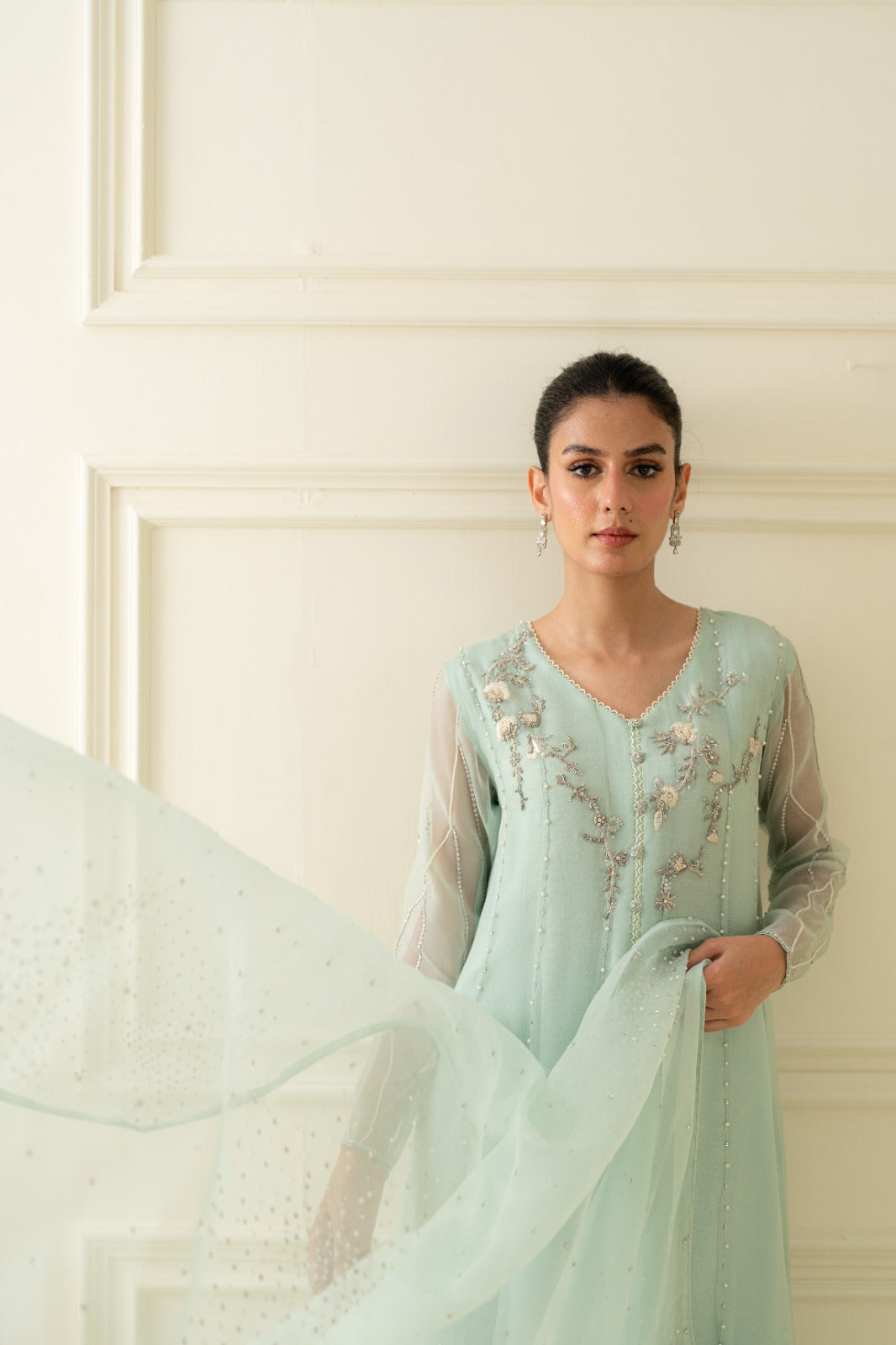 Pakistani Mint Green Embroidered Net Anarkali Dress (2-Piece) - Image 3