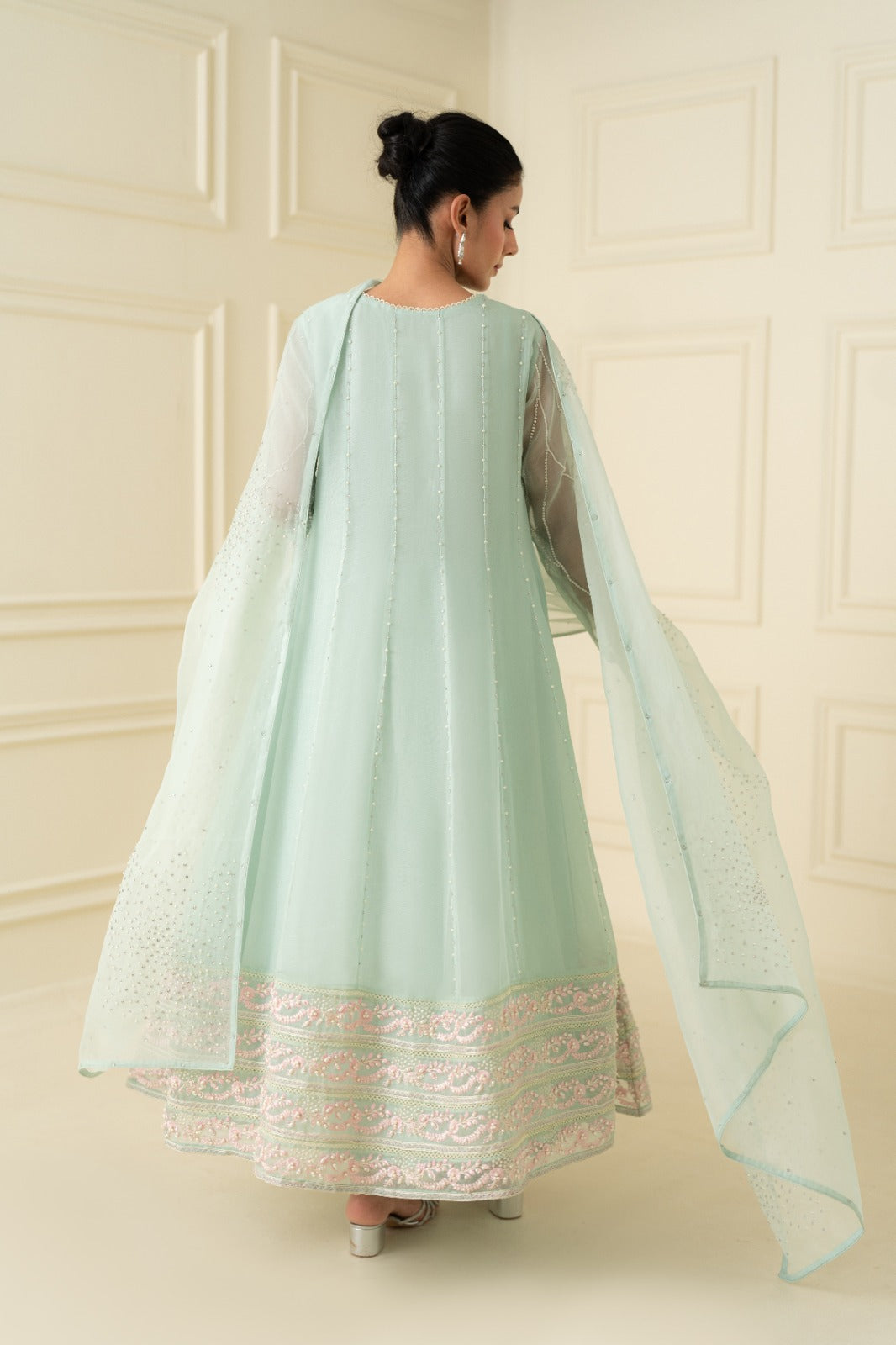 Pakistani Mint Green Embroidered Net Anarkali Dress (2-Piece) - Image 4