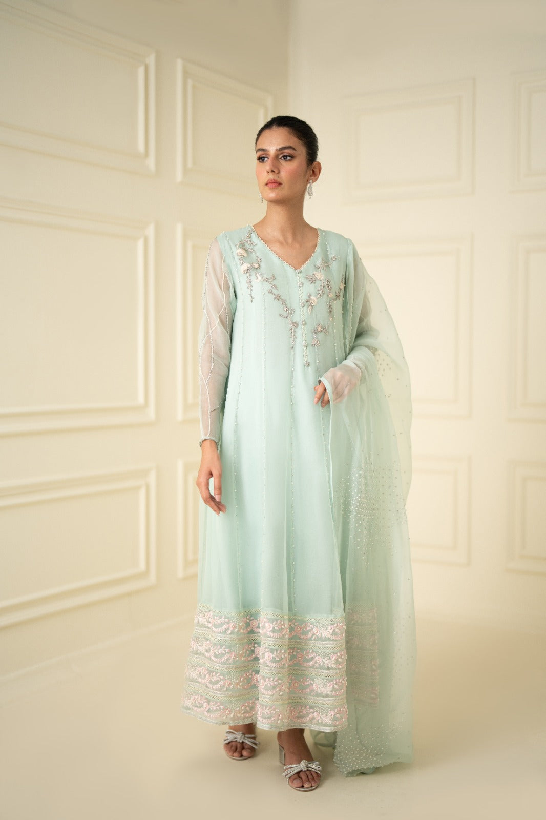 Pakistani Mint Green Embroidered Net Anarkali Dress (2-Piece) - Image 5