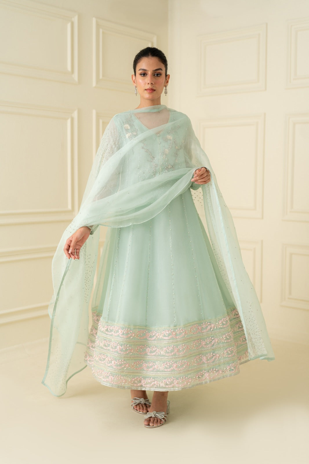 Pakistani Mint Green Embroidered Net Anarkali Dress (2-Piece) - Image 6