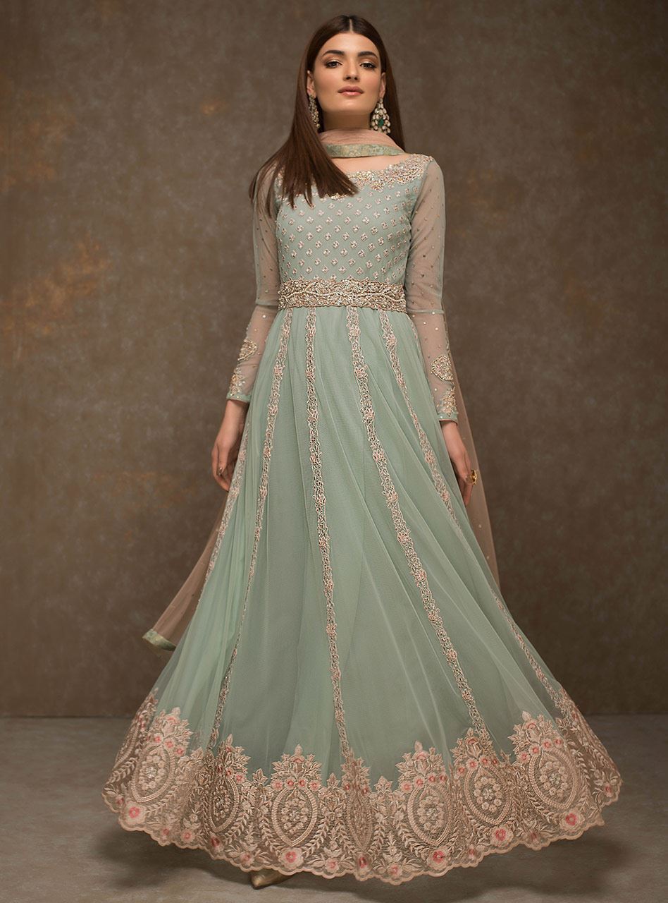 Pakistani Mint Embroidered Net Anarkali Dress (3-Piece) - Image 2