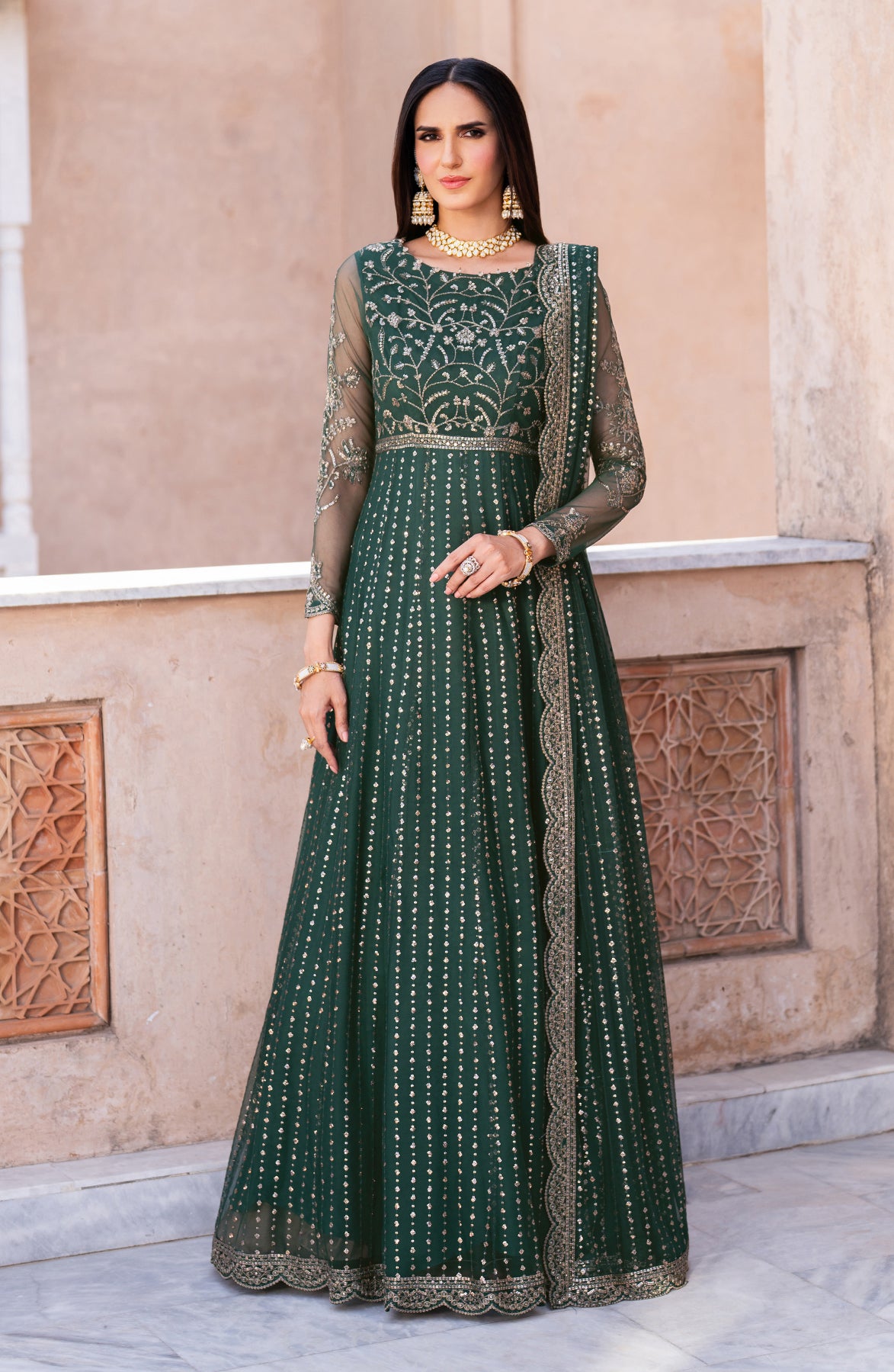 Deep Green Sequin Embroidered Net Anarkali Dress (2-Piece) - Image 1