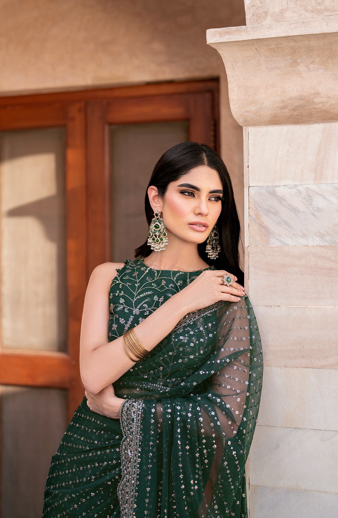 Deep Green Sequin Embroidered Net Anarkali Dress (2-Piece) - Image 10