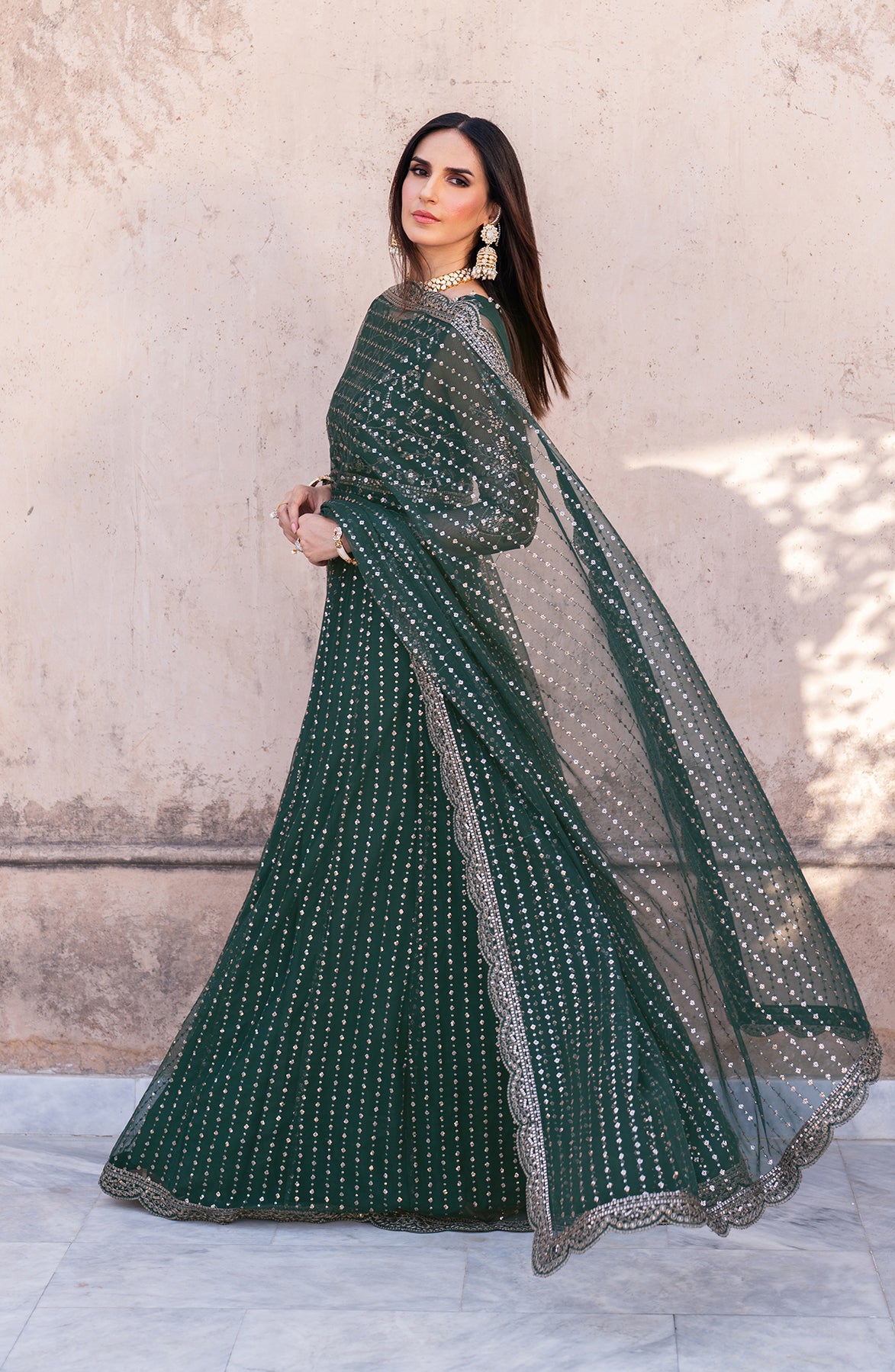 Deep Green Sequin Embroidered Net Anarkali Dress (2-Piece) - Image 2