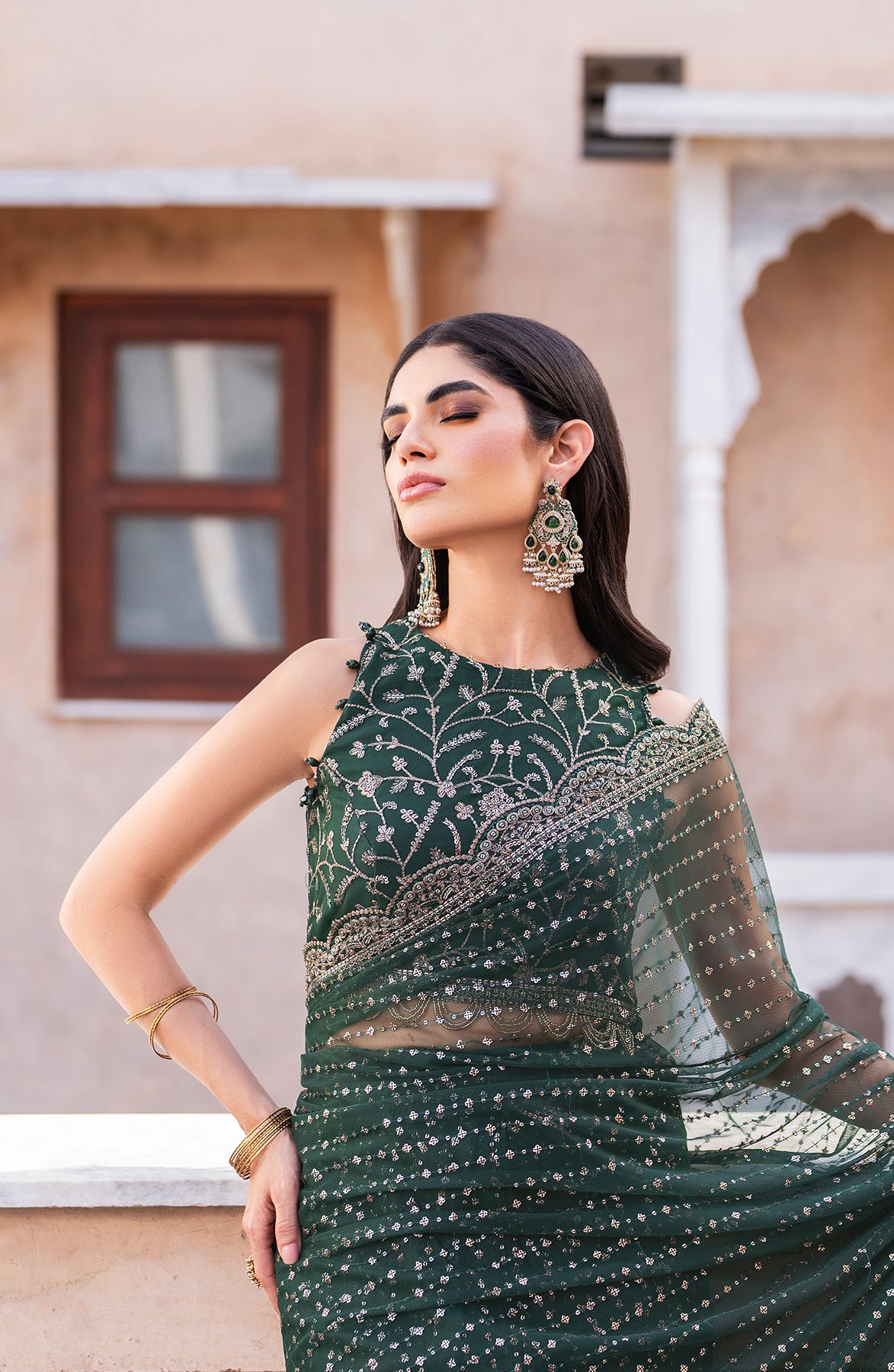 Deep Green Sequin Embroidered Net Anarkali Dress (2-Piece) - Image 3