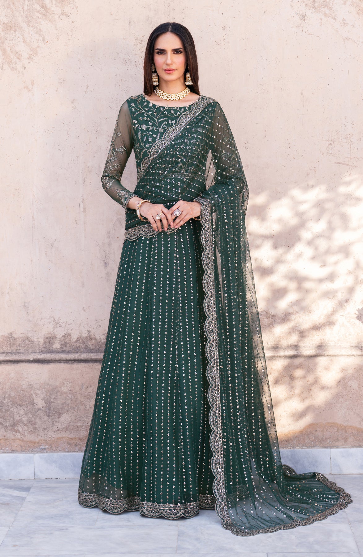Deep Green Sequin Embroidered Net Anarkali Dress (2-Piece) - Image 5