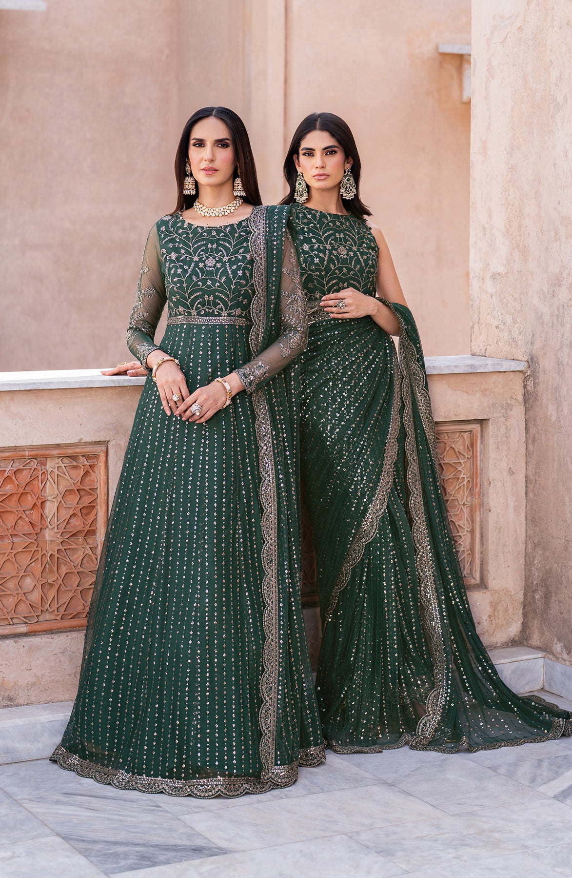 Deep Green Sequin Embroidered Net Anarkali Dress (2-Piece) - Image 6