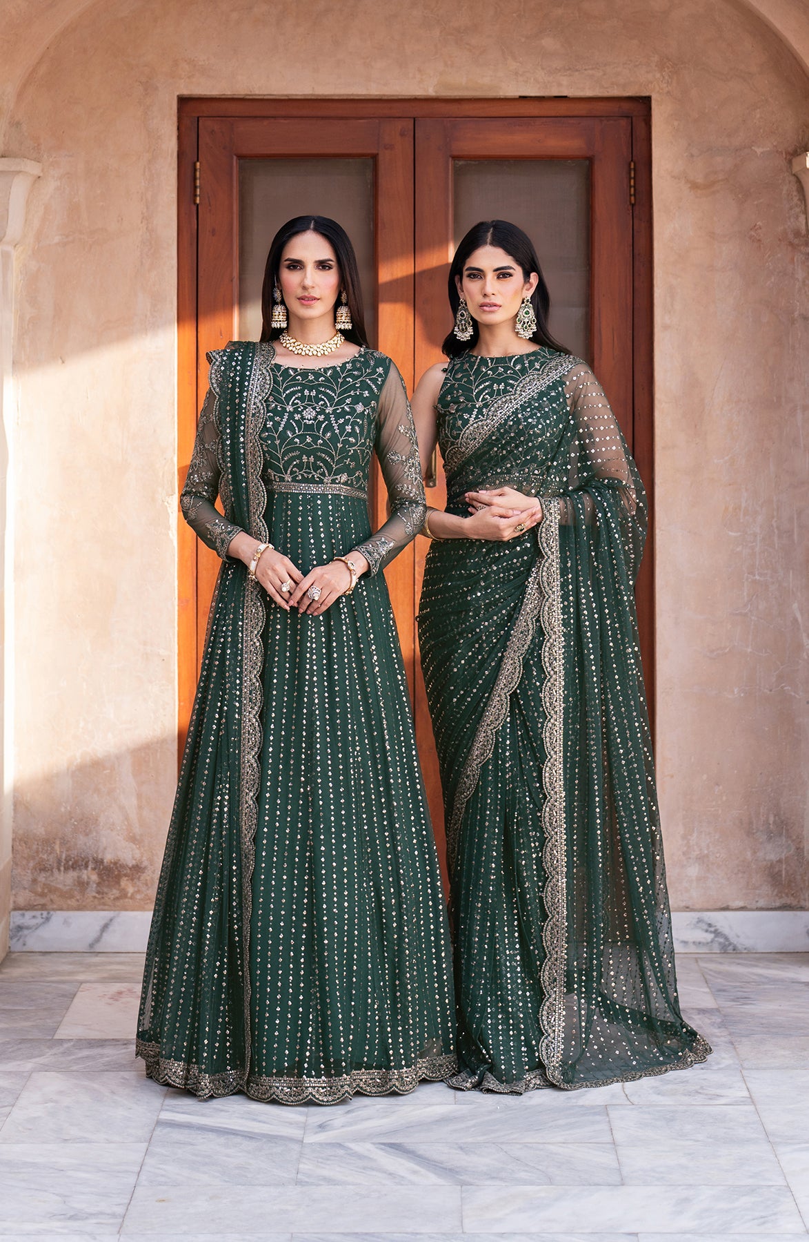 Deep Green Sequin Embroidered Net Anarkali Dress (2-Piece) - Image 7