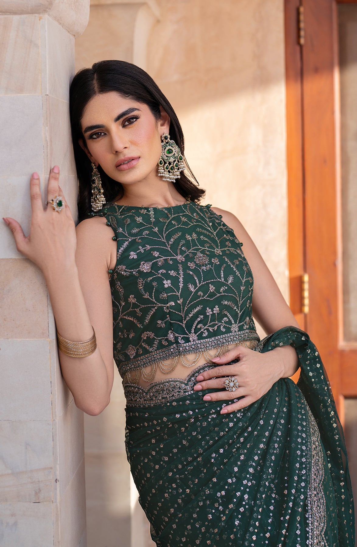 Deep Green Sequin Embroidered Net Anarkali Dress (2-Piece) - Image 9