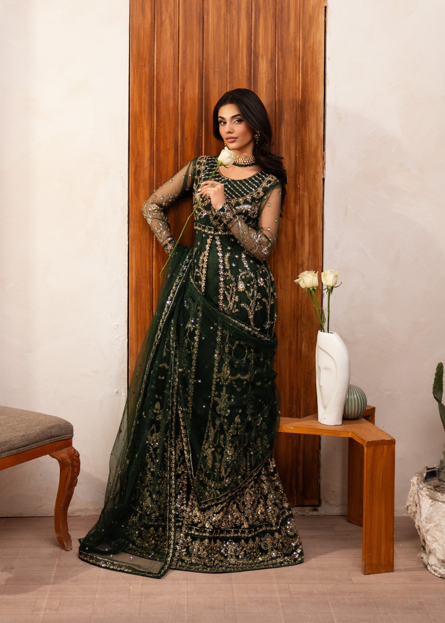 Pakistani Dark Green Embroidered Net Anarkali Dress (2-Piece) - Image 2