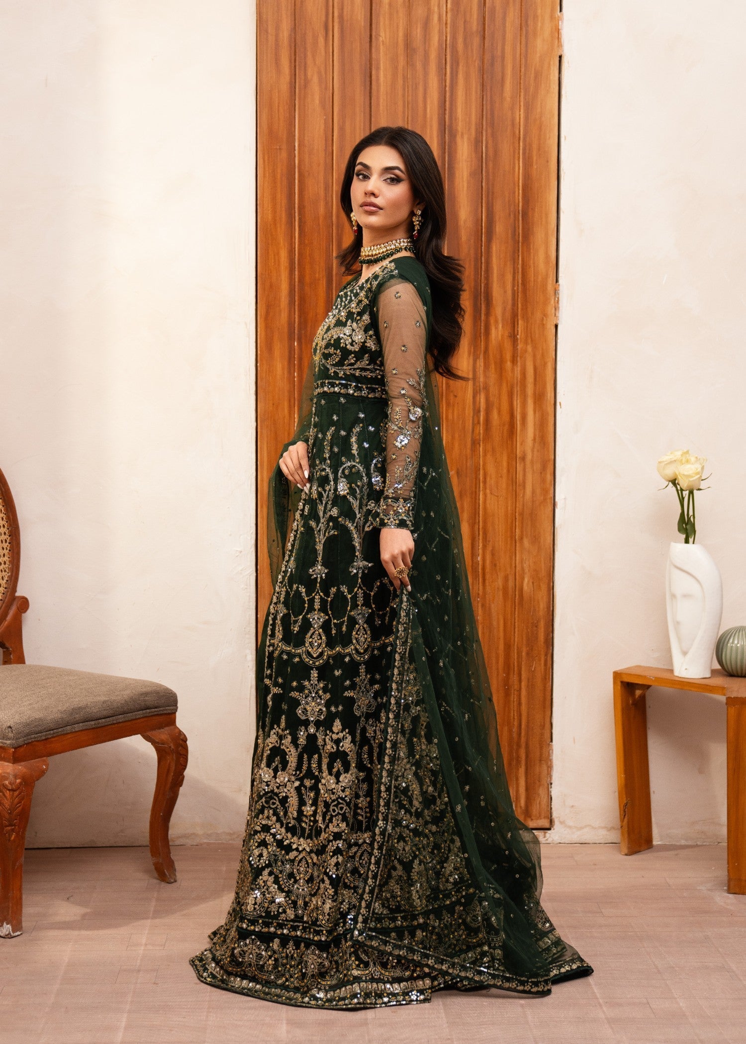 Pakistani Dark Green Embroidered Net Anarkali Dress (2-Piece) - Image 3