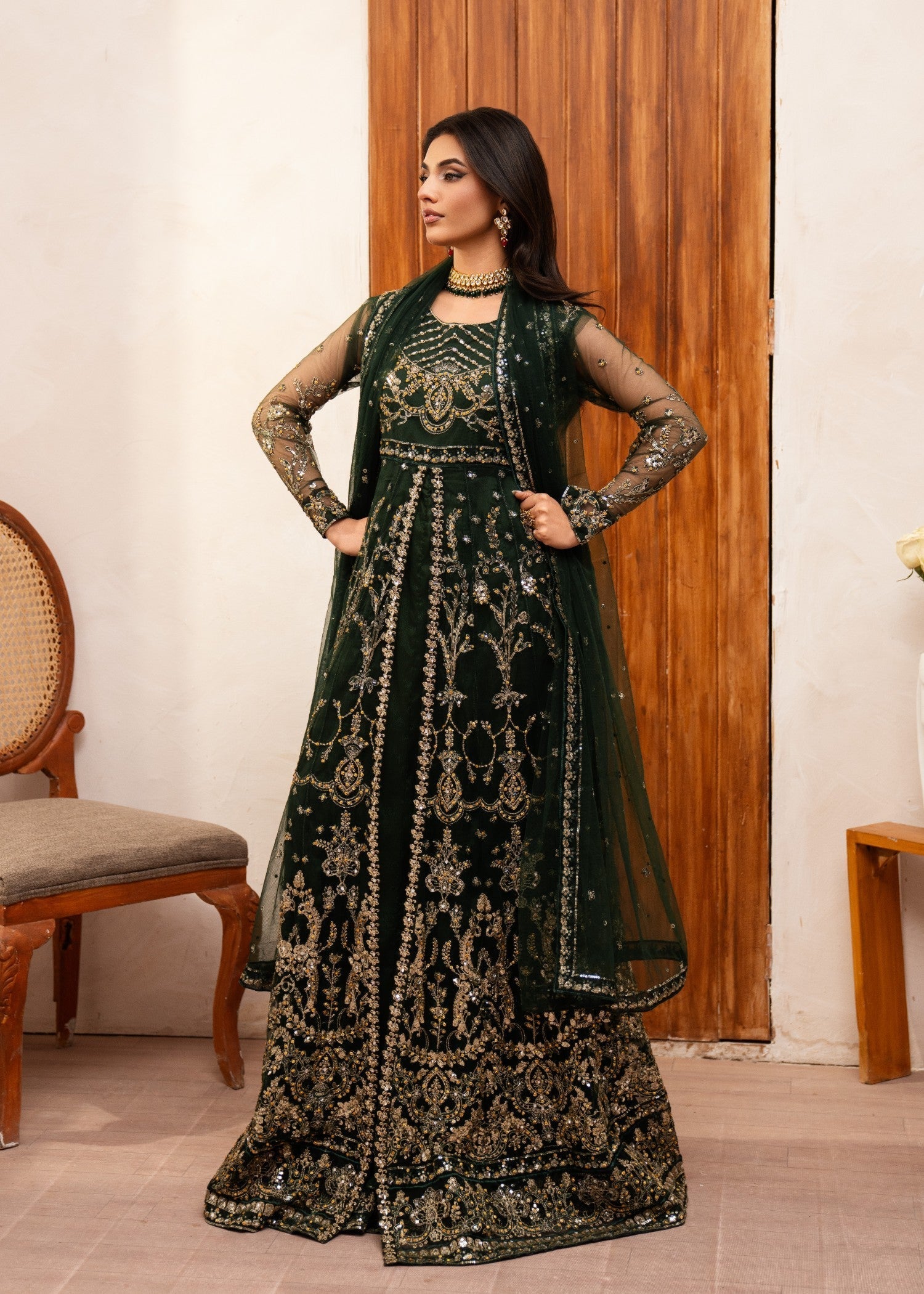 Pakistani Dark Green Embroidered Net Anarkali Dress (2-Piece) - Image 4