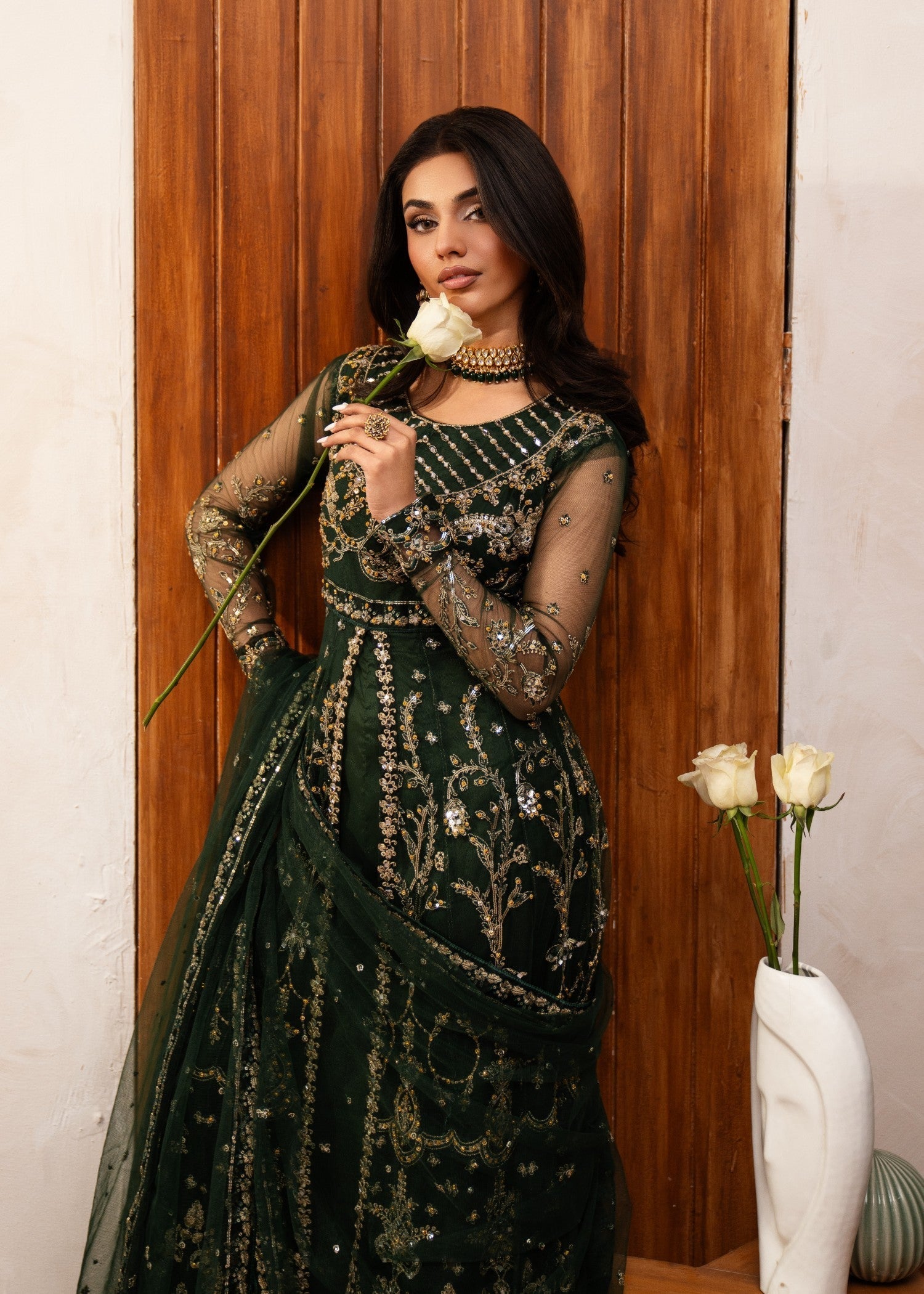 Pakistani Dark Green Embroidered Net Anarkali Dress (2-Piece) - Image 5