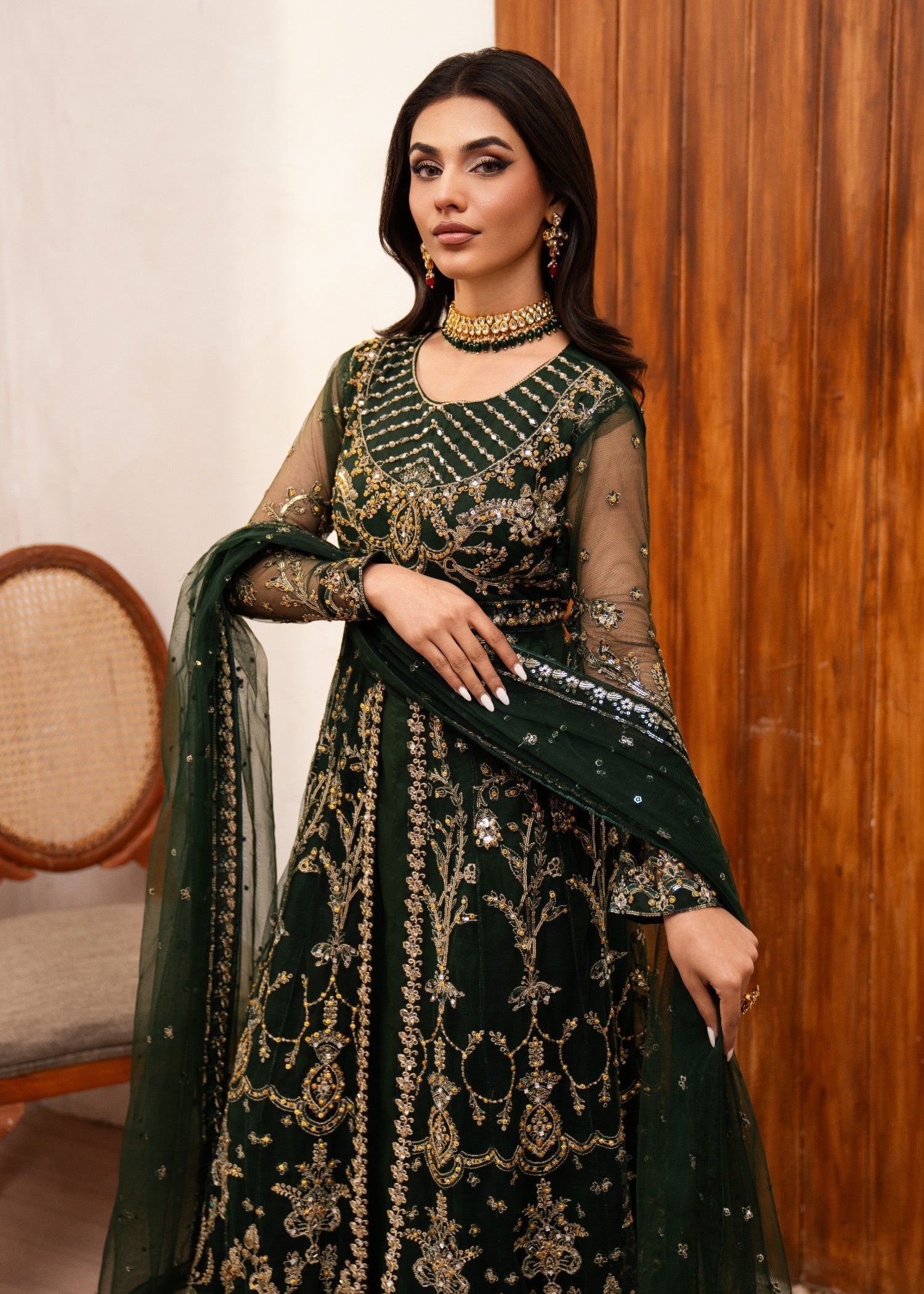 Pakistani Dark Green Embroidered Net Anarkali Dress (2-Piece) - Image 6