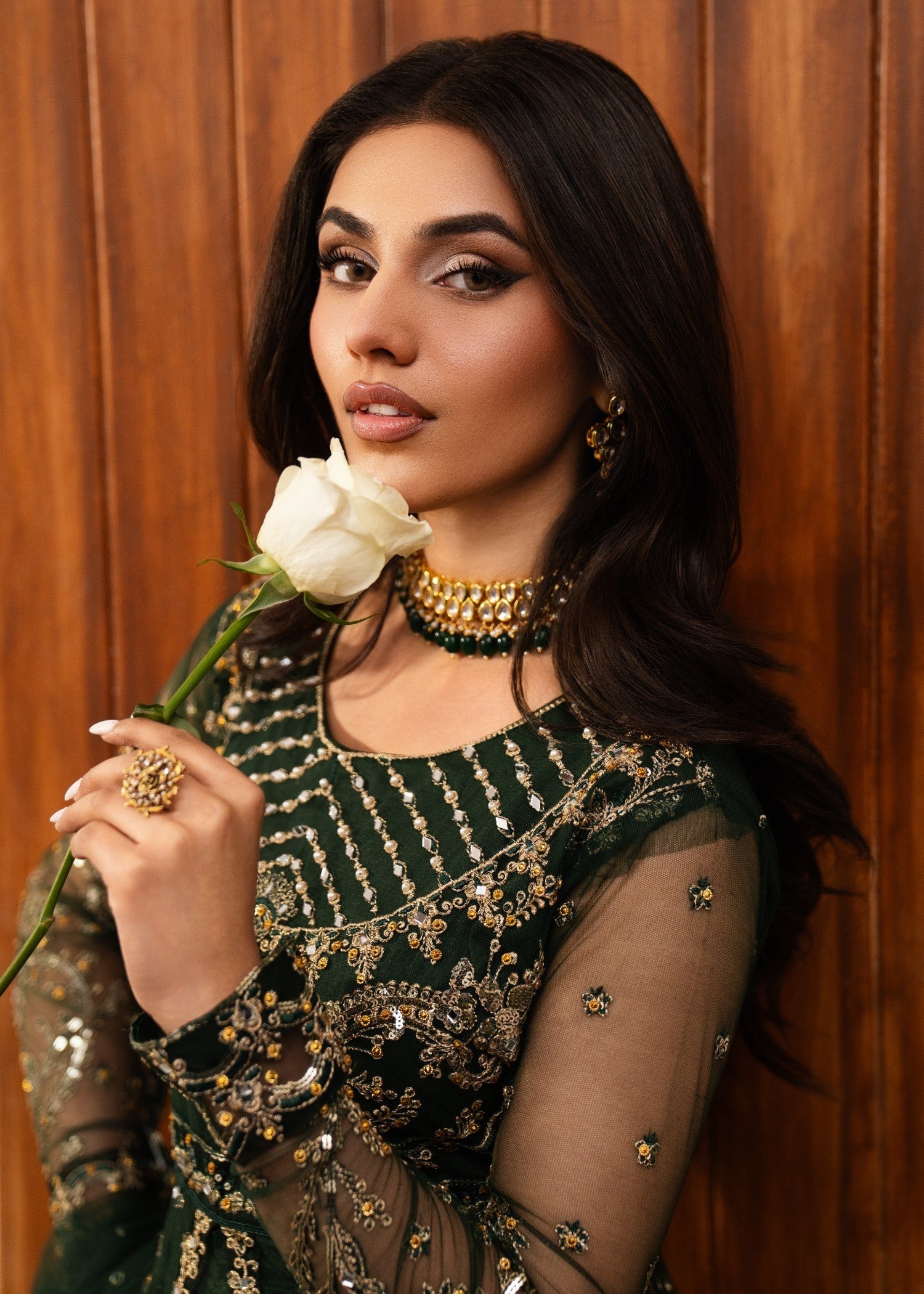 Pakistani Dark Green Embroidered Net Anarkali Dress (2-Piece) - Image 7