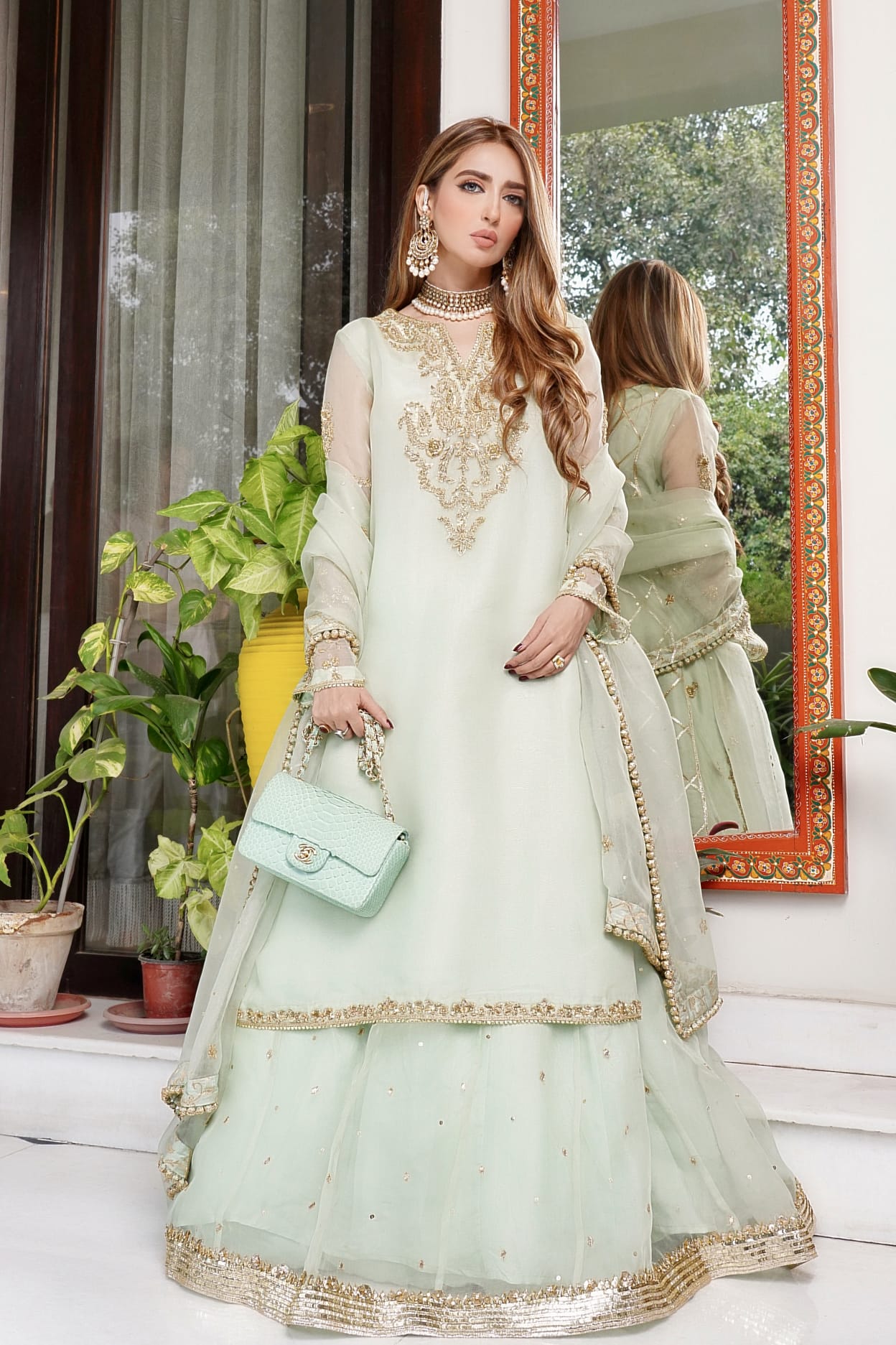Pakistani Pistachio Green Embellished Organza Anarkali Dress (2-Piece) - Image 1