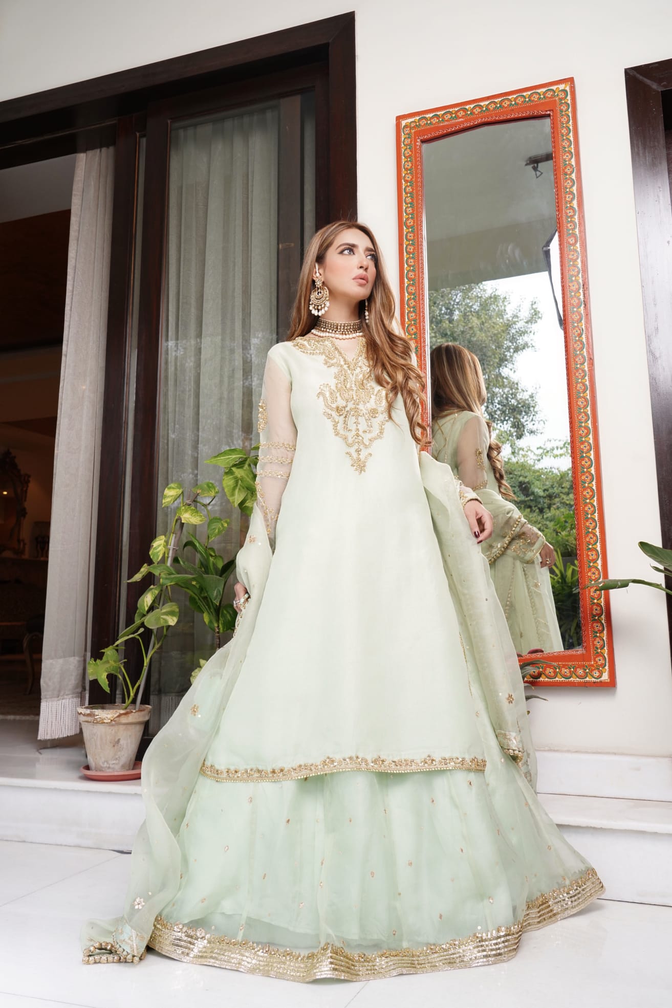 Pakistani Pistachio Green Embellished Organza Anarkali Dress (2-Piece) - Image 2