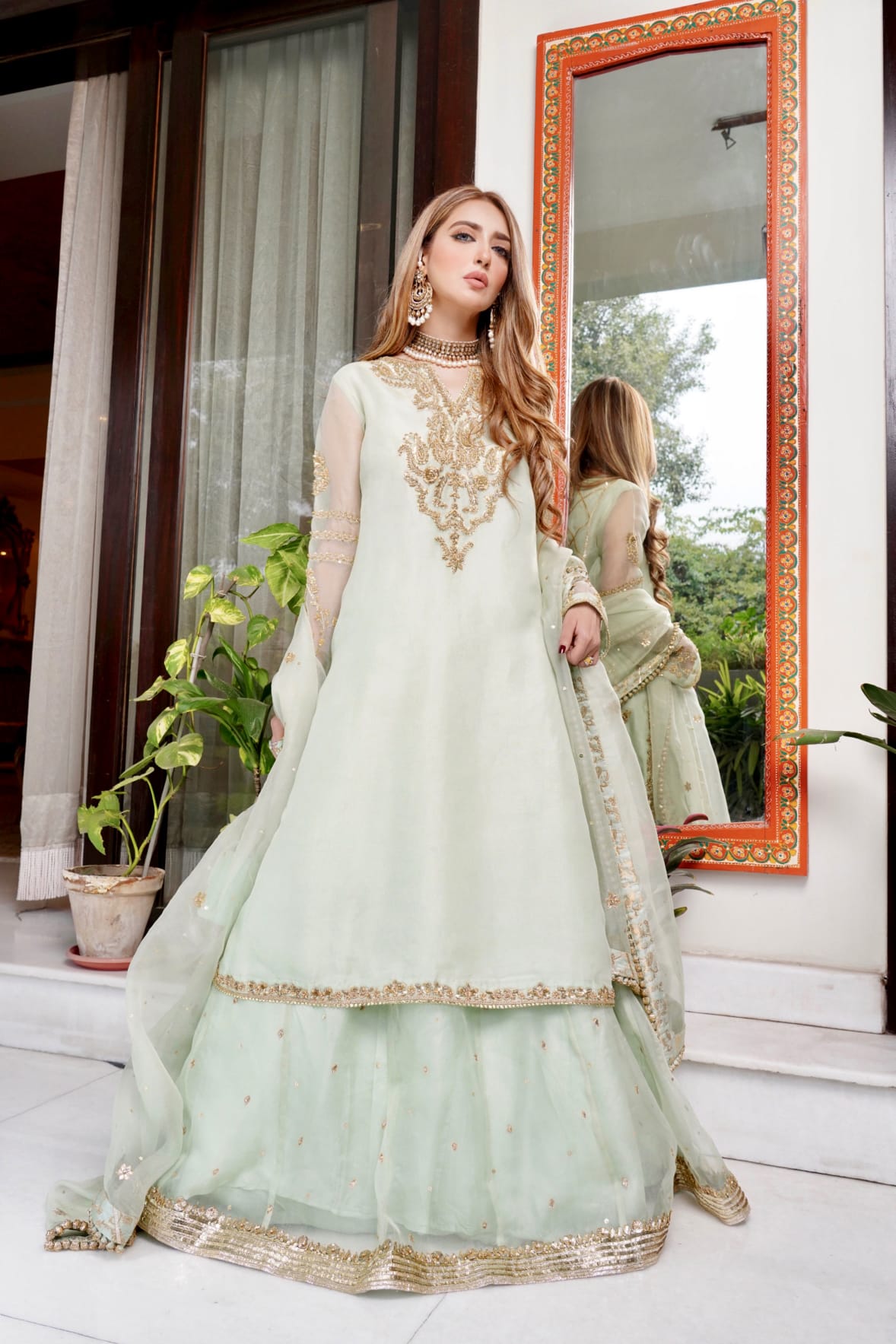 Pakistani Pistachio Green Embellished Organza Anarkali Dress (2-Piece) - Image 3