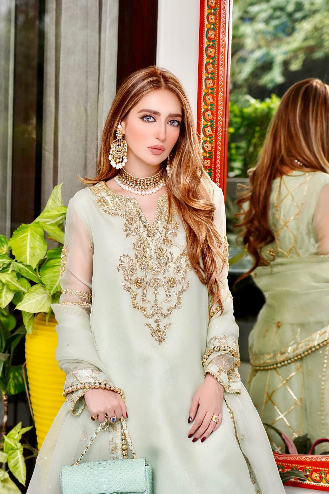 Pakistani Pistachio Green Embellished Organza Anarkali Dress (2-Piece) - Image 4