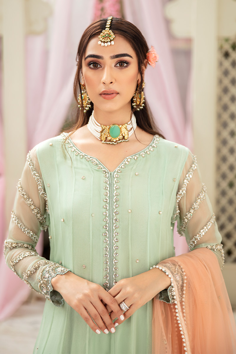 Pakistani Light Green Embellished Organza Net Anarkali Dress (2-Piece) - Image 2