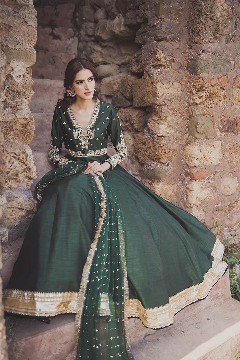 Deep Green Embroidered Raw Silk Anarkali Dress (2-Piece) - Image 1