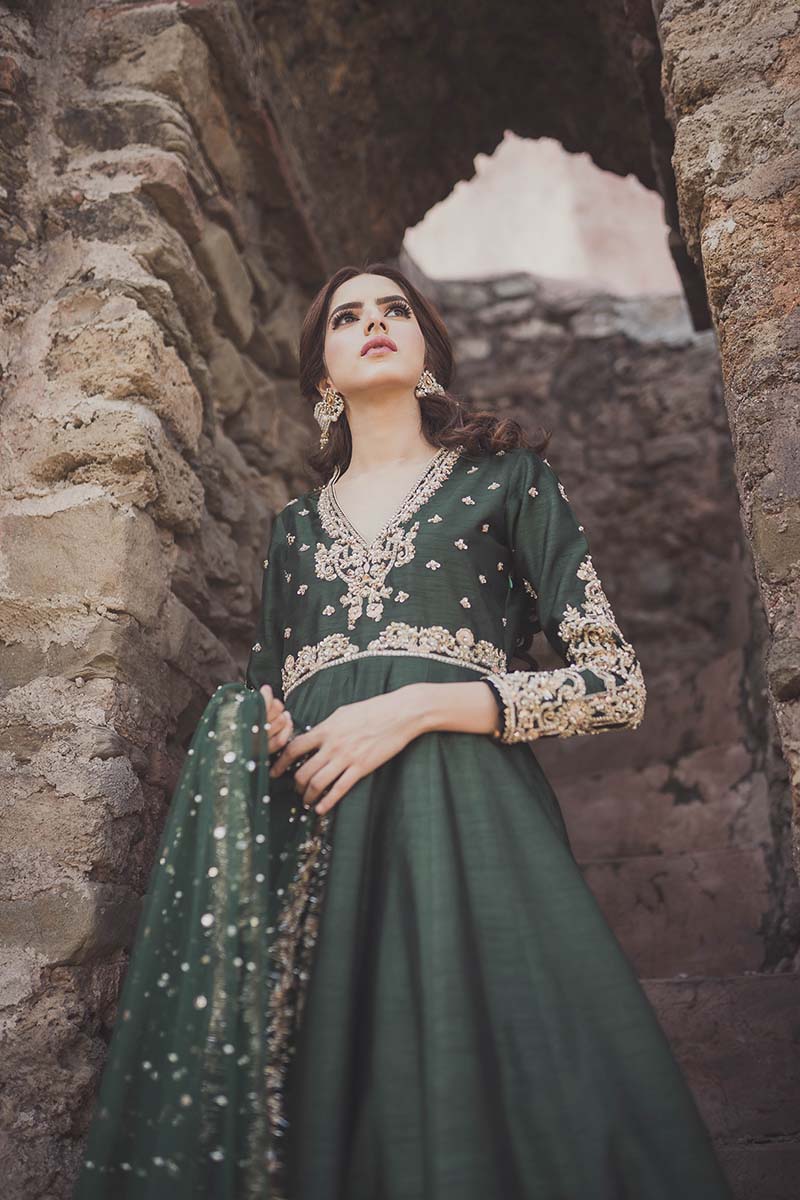 Deep Green Embroidered Raw Silk Anarkali Dress (2-Piece) - Image 2