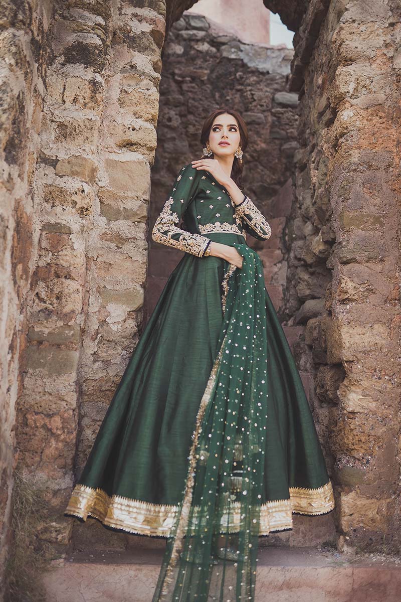 Deep Green Embroidered Raw Silk Anarkali Dress (2-Piece) - Image 3