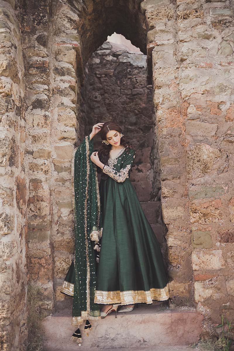 Deep Green Embroidered Raw Silk Anarkali Dress (2-Piece) - Image 4