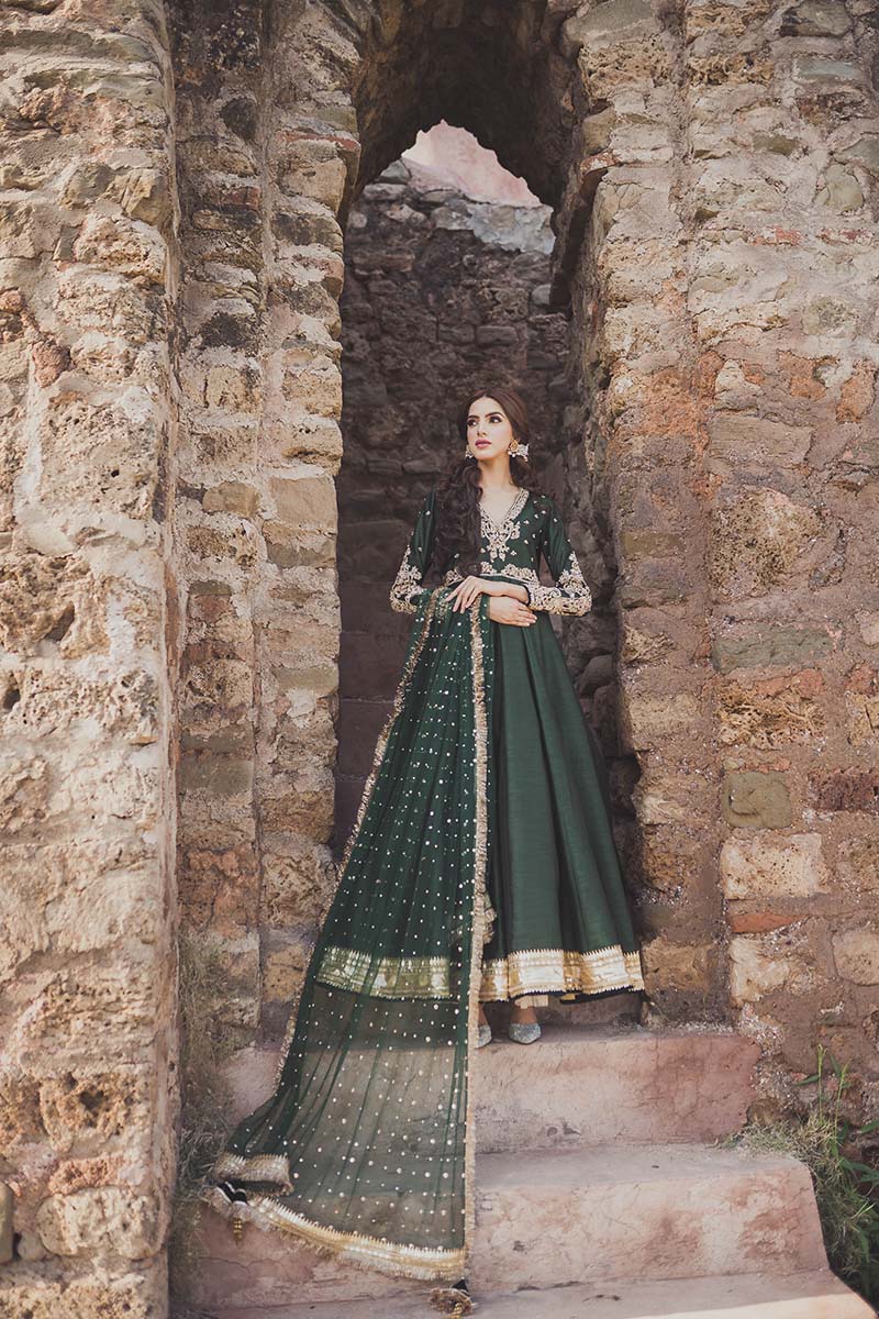 Deep Green Embroidered Raw Silk Anarkali Dress (2-Piece) - Image 5