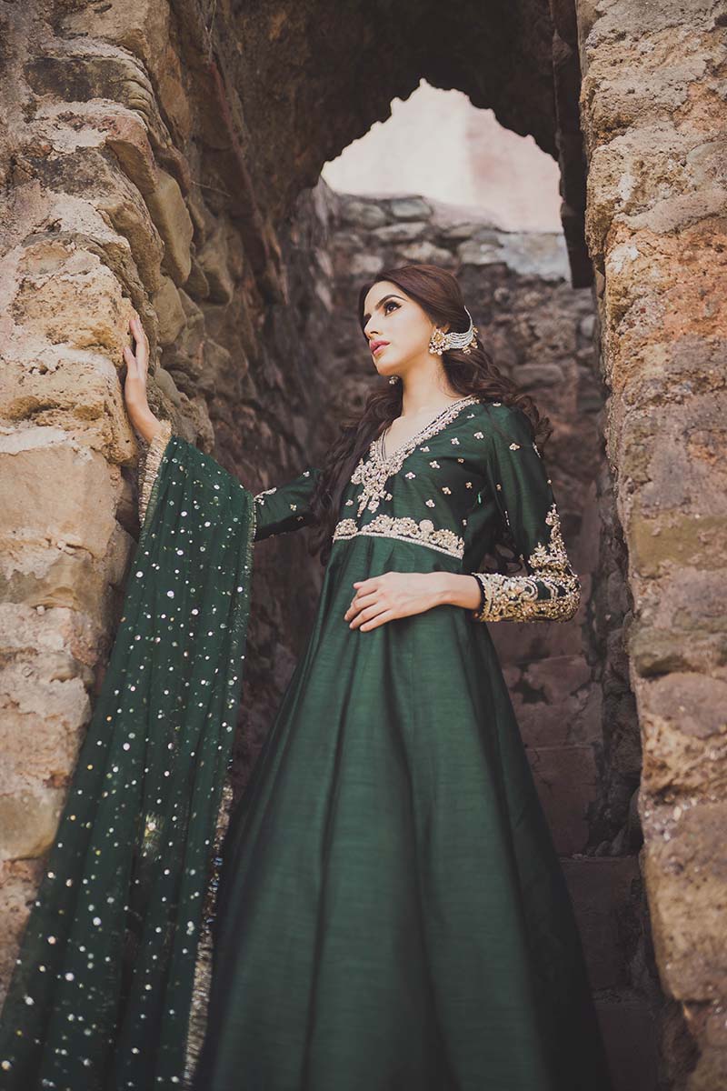 Deep Green Embroidered Raw Silk Anarkali Dress (2-Piece) - Image 6