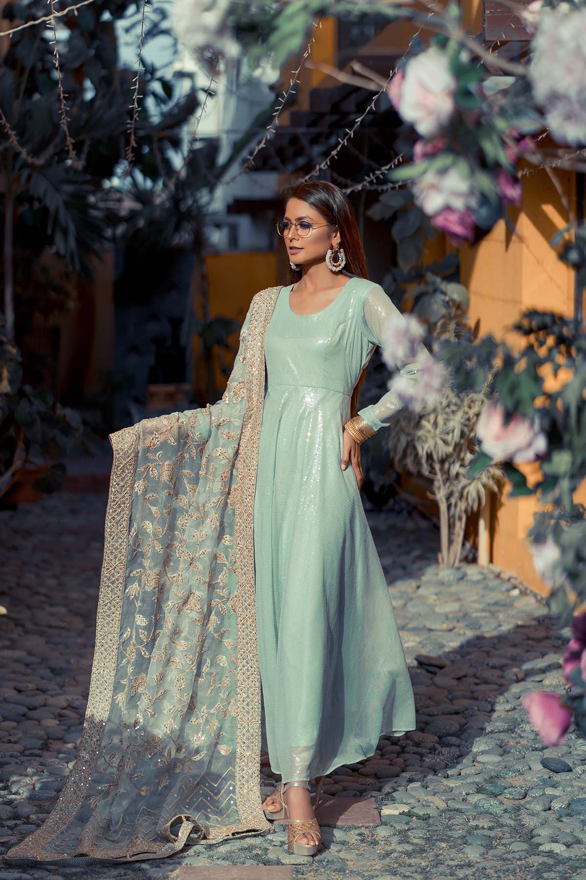 Pakistani Mint Green Embroidered Shimmer Anarkali Dress (2-Piece) - Image 1