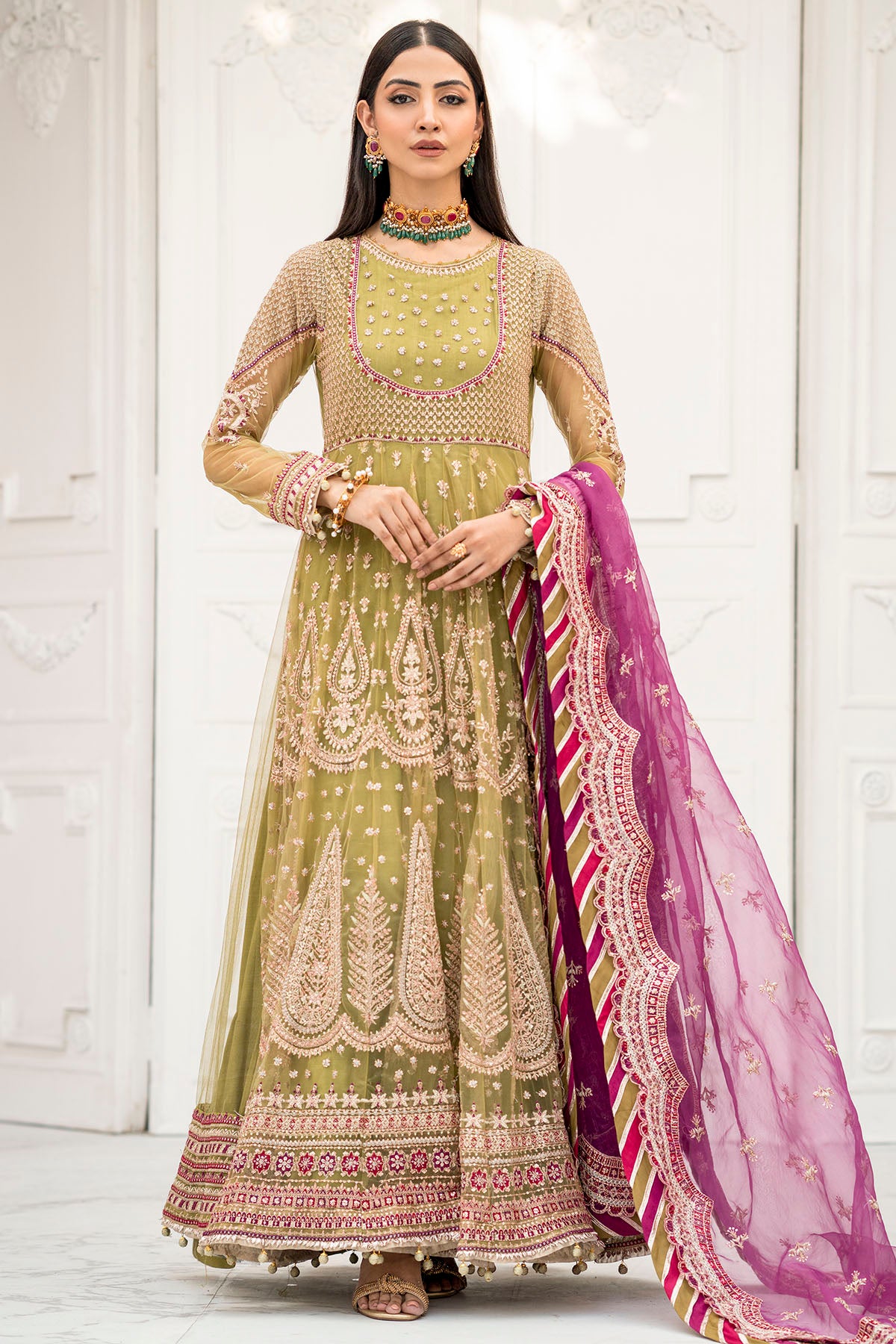 Pakistani Olive Embroidered Net Anarkali Dress (3-Piece) - Image 1