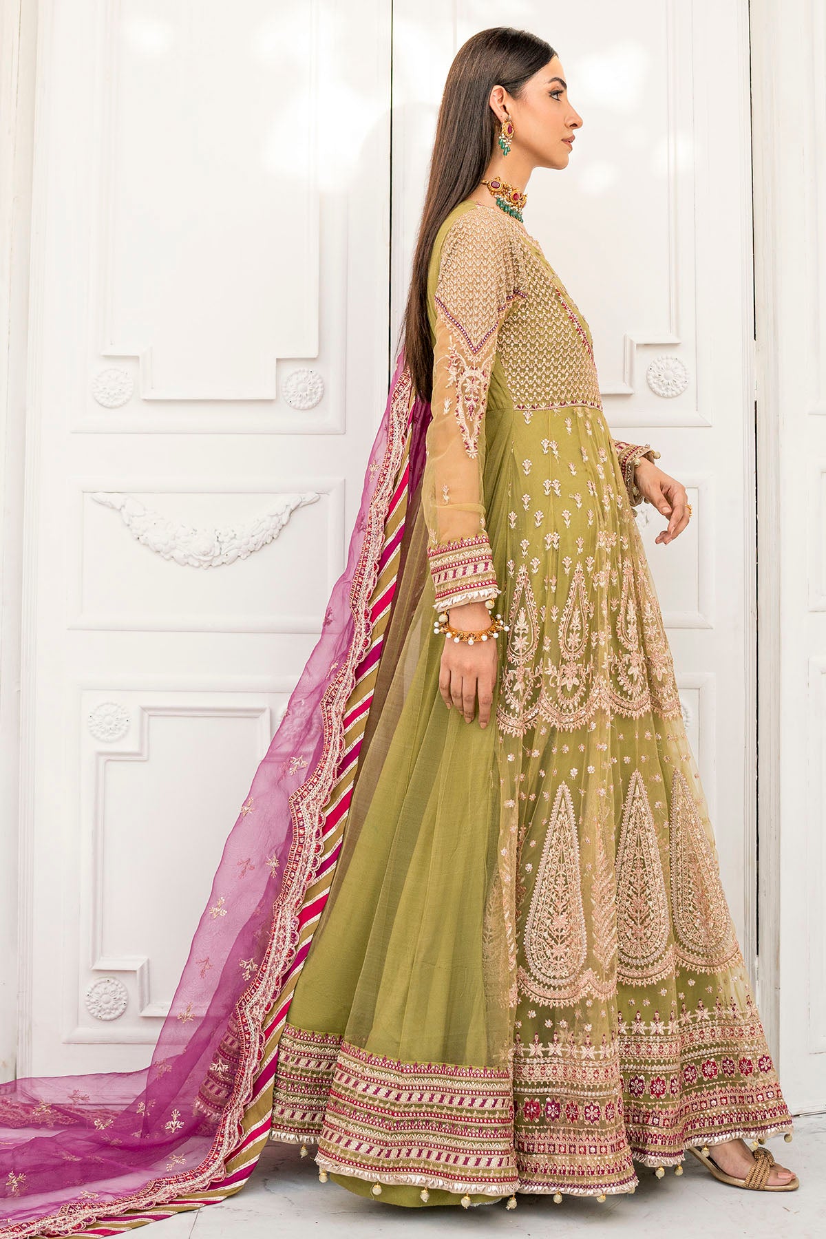 Pakistani Olive Embroidered Net Anarkali Dress (3-Piece) - Image 2