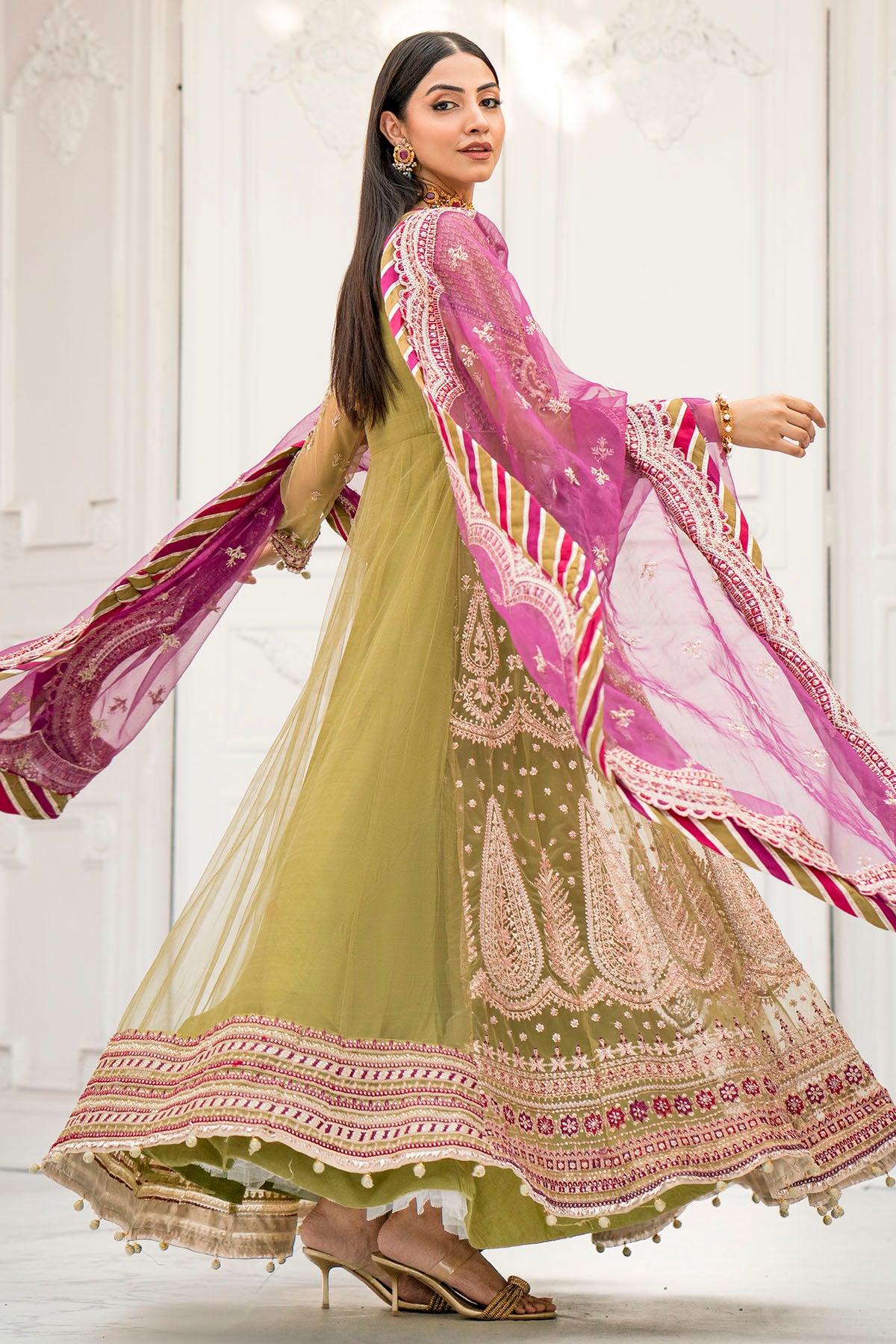 Pakistani Olive Embroidered Net Anarkali Dress (3-Piece) - Image 3