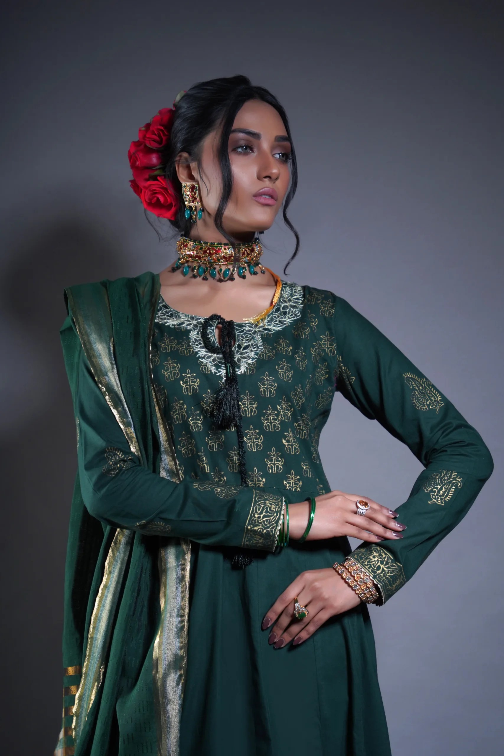 Pakistani Castleton Green Gold Embroidered Georgette Anarkali (3-Piece) - Image 1