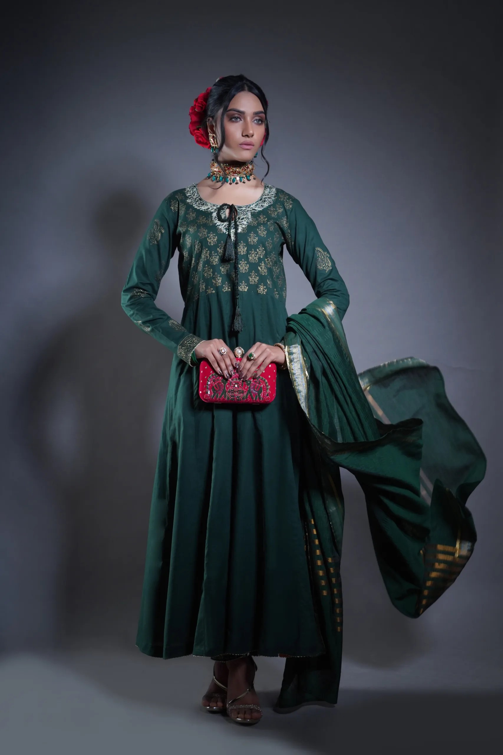 Pakistani Castleton Green Gold Embroidered Georgette Anarkali (3-Piece) - Image 2