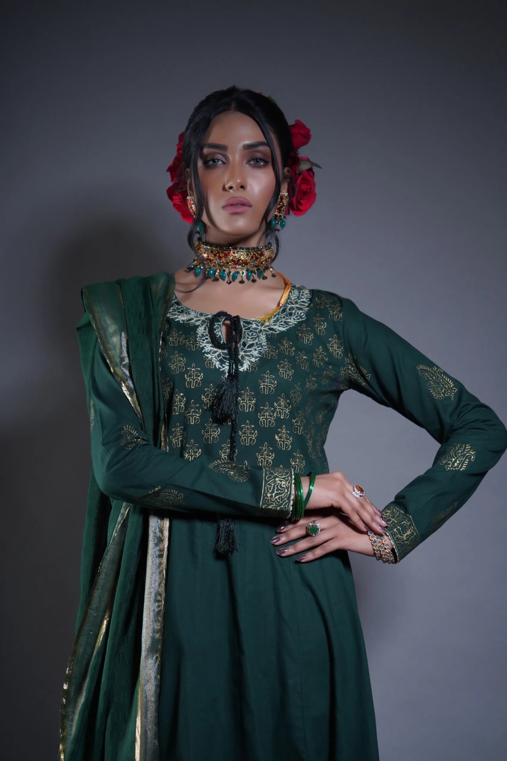 Pakistani Castleton Green Gold Embroidered Georgette Anarkali (3-Piece) - Image 3