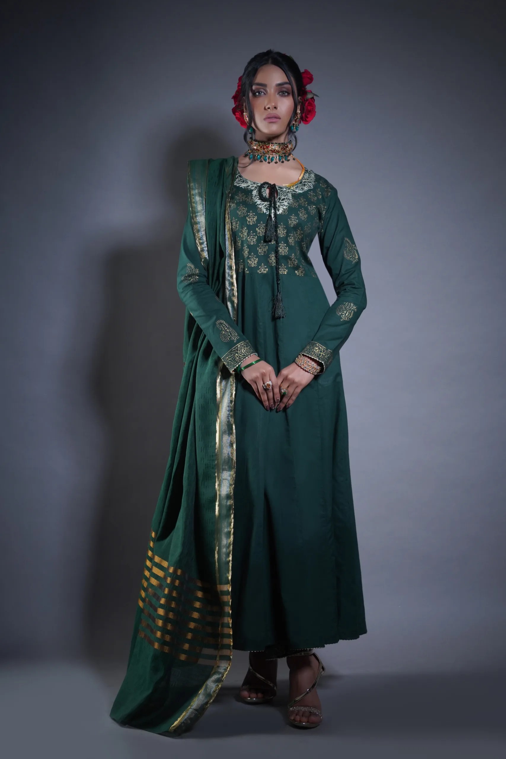 Pakistani Castleton Green Gold Embroidered Georgette Anarkali (3-Piece) - Image 4